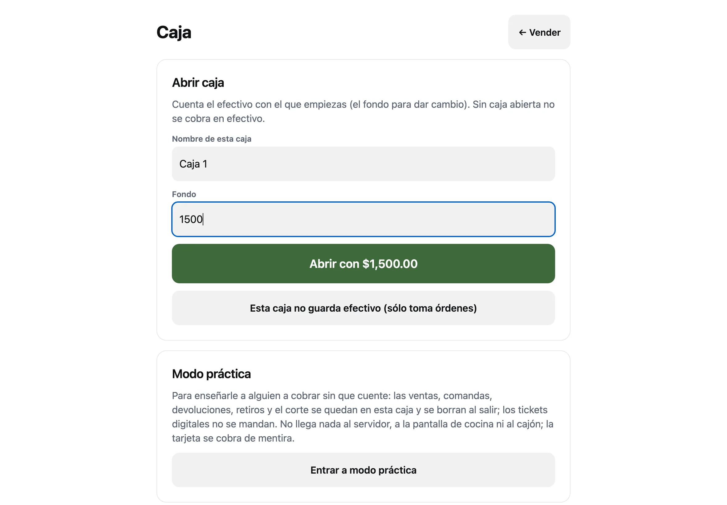 La pantalla Caja con el formulario Abrir caja: nombre de la caja, fondo de $1,500 y el botón Abrir con