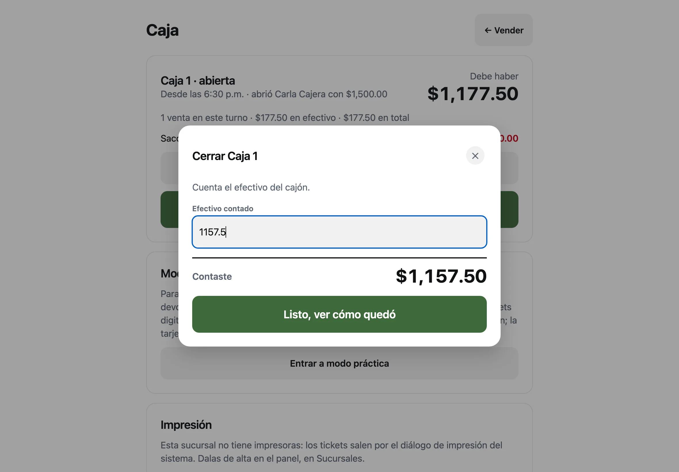 La ventana Cerrar Caja 1 con el efectivo contado de $1,195.00