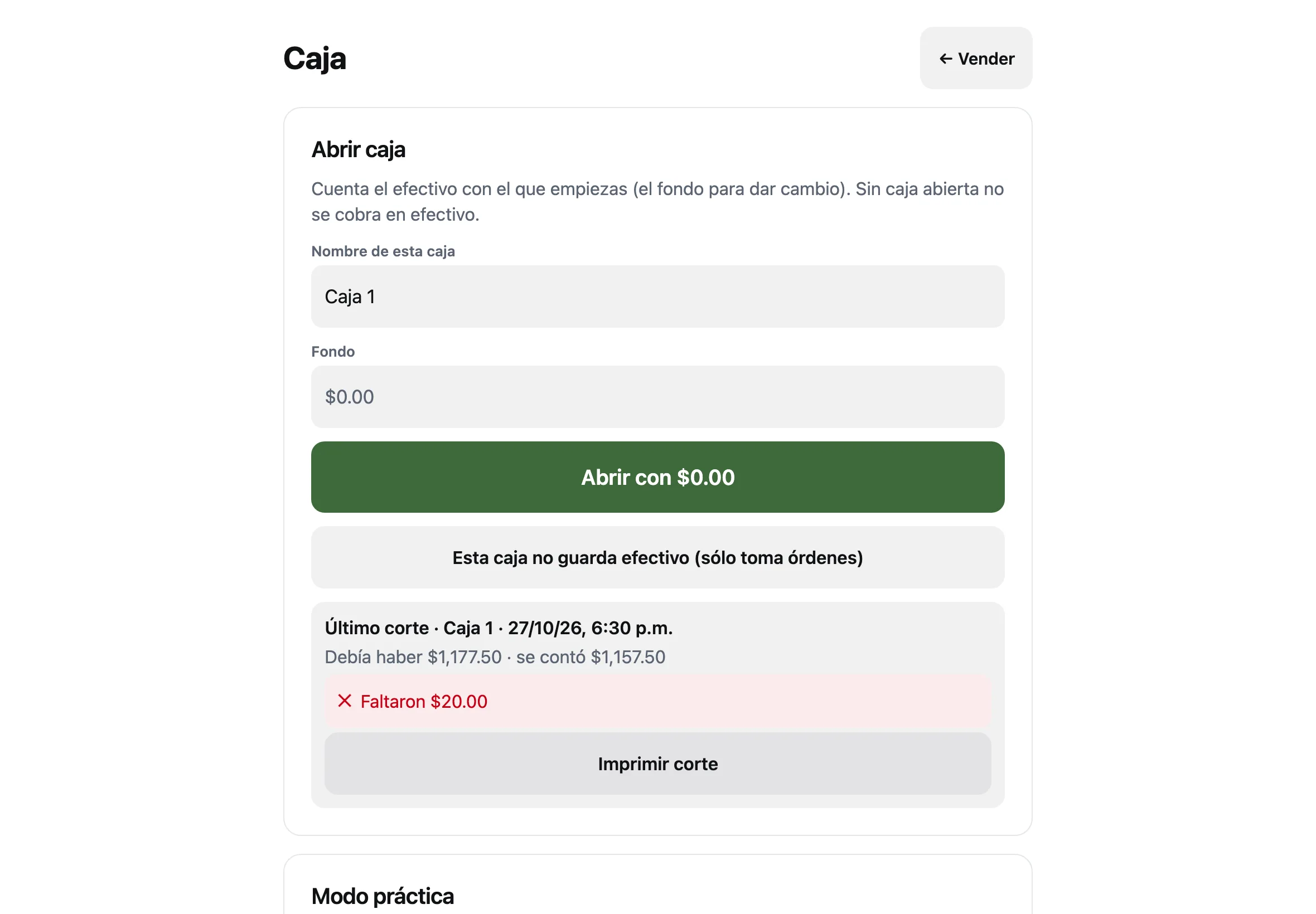 La pantalla Caja después de cerrar, con el último corte: faltaron $20.00 y el botón Imprimir corte