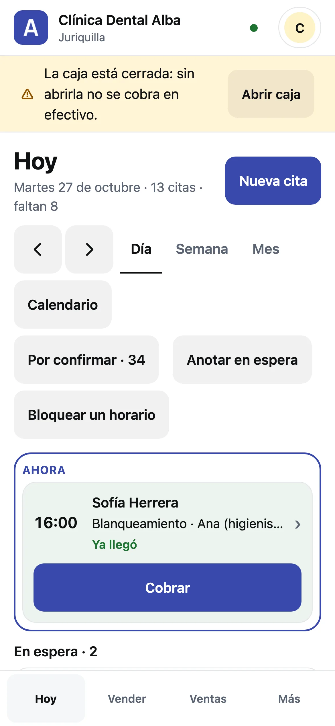Hoy en la caja del celular con la cita de ahora, Nueva cita y las flechas