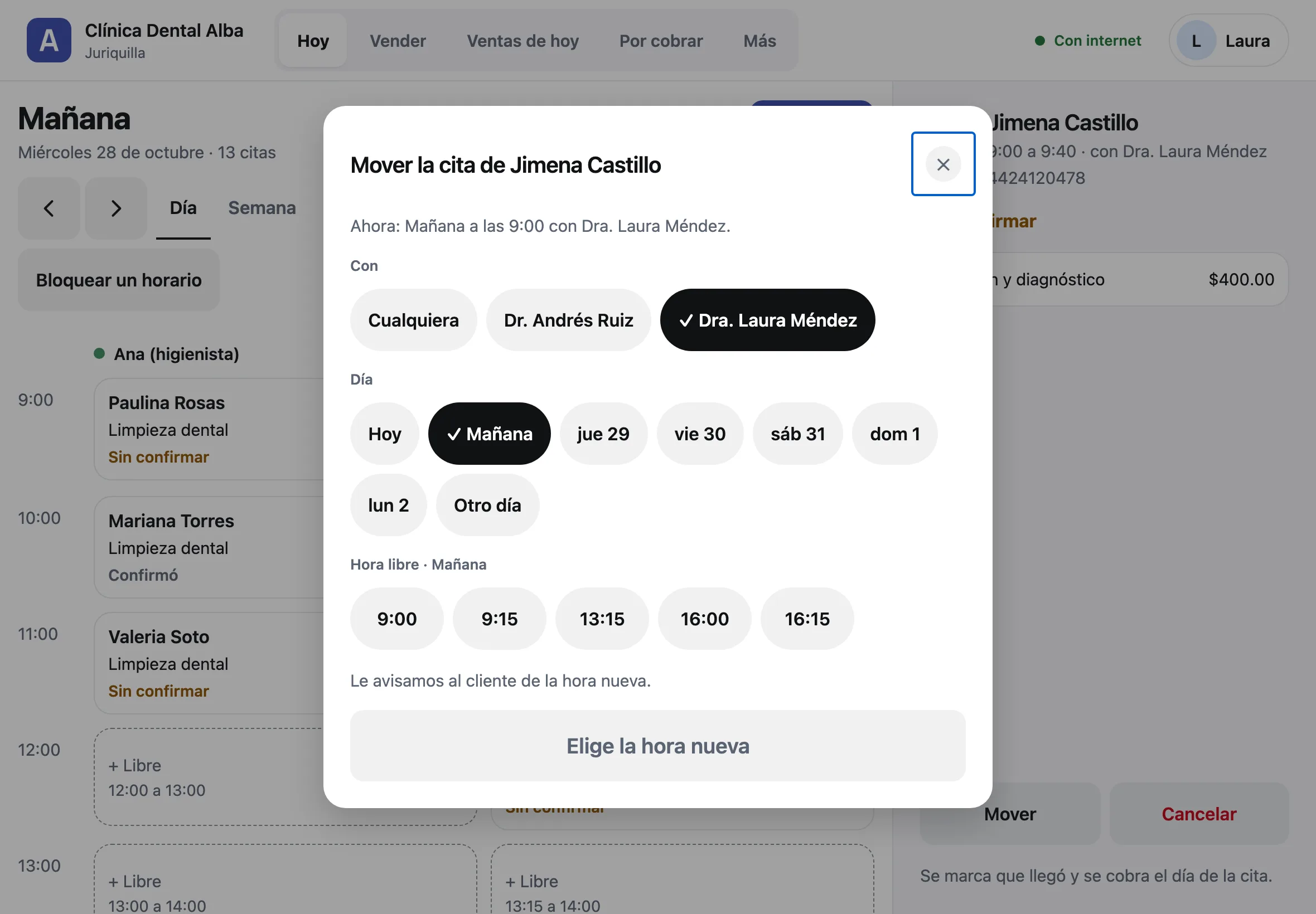 La ventana Mover la cita de Jimena Castillo con Con, Día y las horas libres de mañana