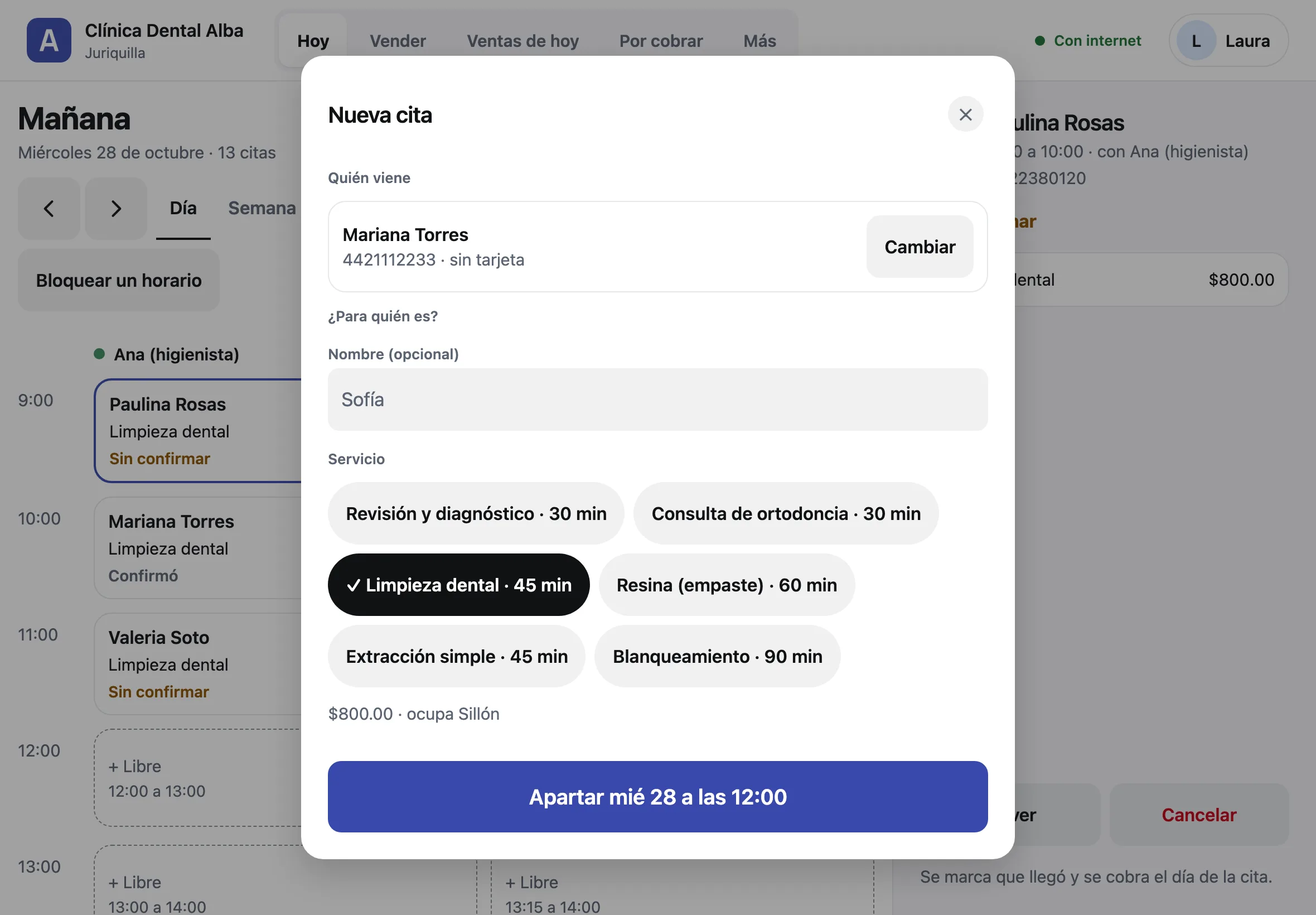 La ventana Nueva cita con Mariana Torres elegida, para quién, y el servicio Limpieza dental que ocupa Sillón