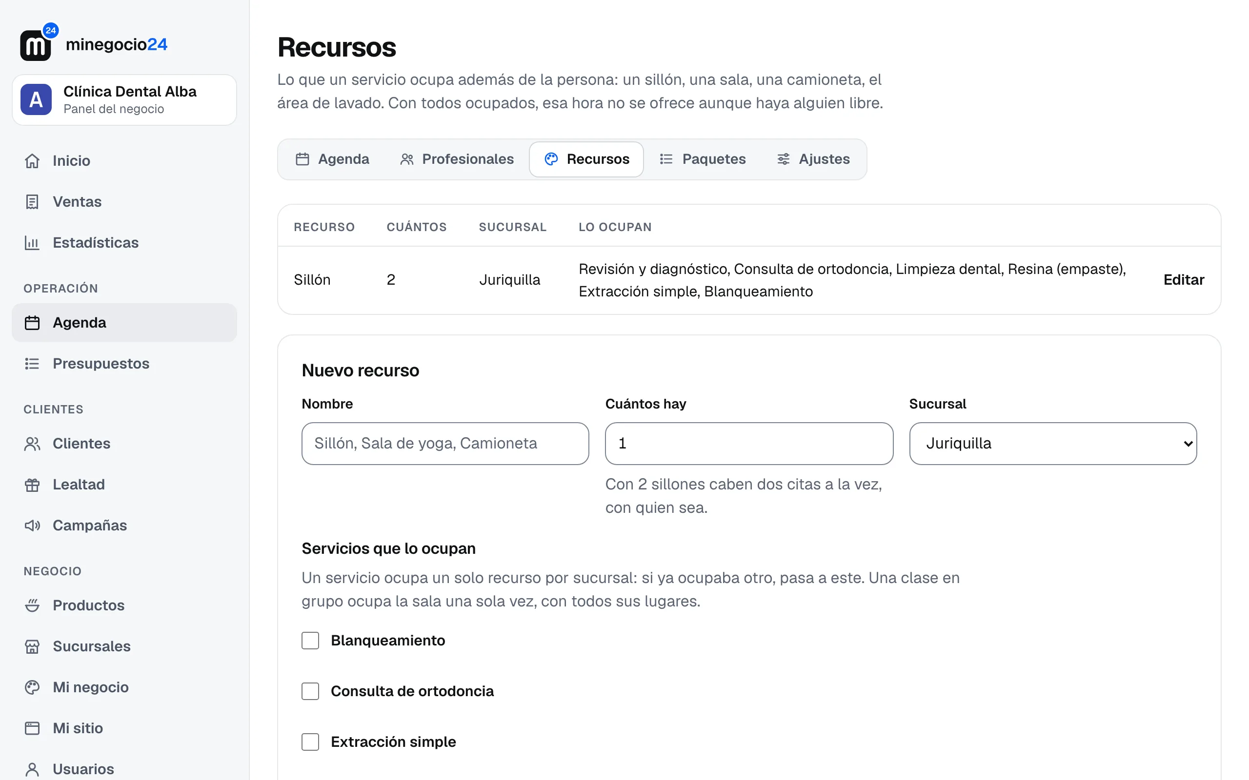 Agenda, Recursos en el panel: el Sillón, 2 en Juriquilla, y los servicios que lo ocupan