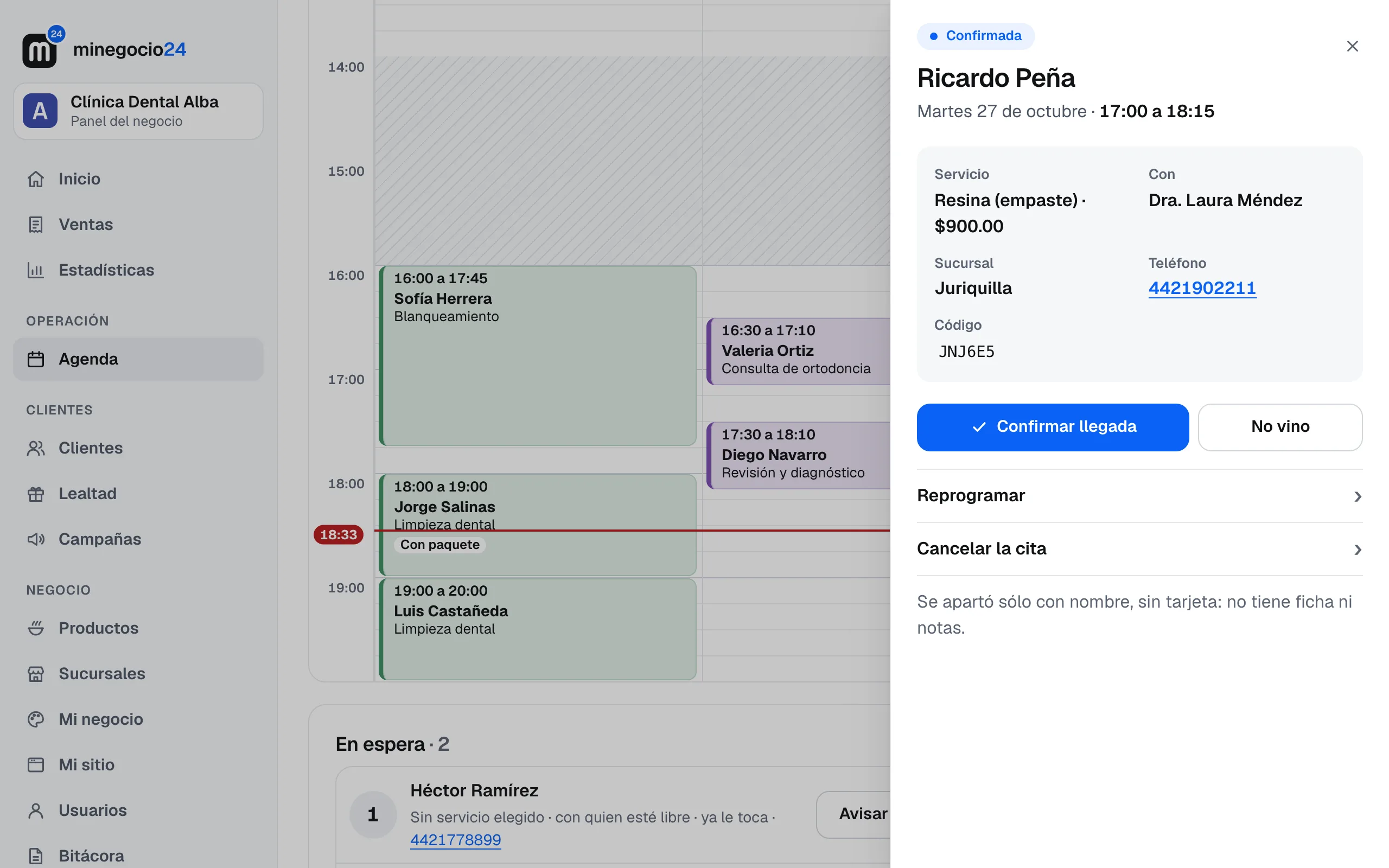 La cita de Ricardo Peña abierta: Resina (empaste) por $900.00 con la Dra. Laura Méndez, y los botones Confirmar llegada, No vino, Reprogramar y Cancelar la cita