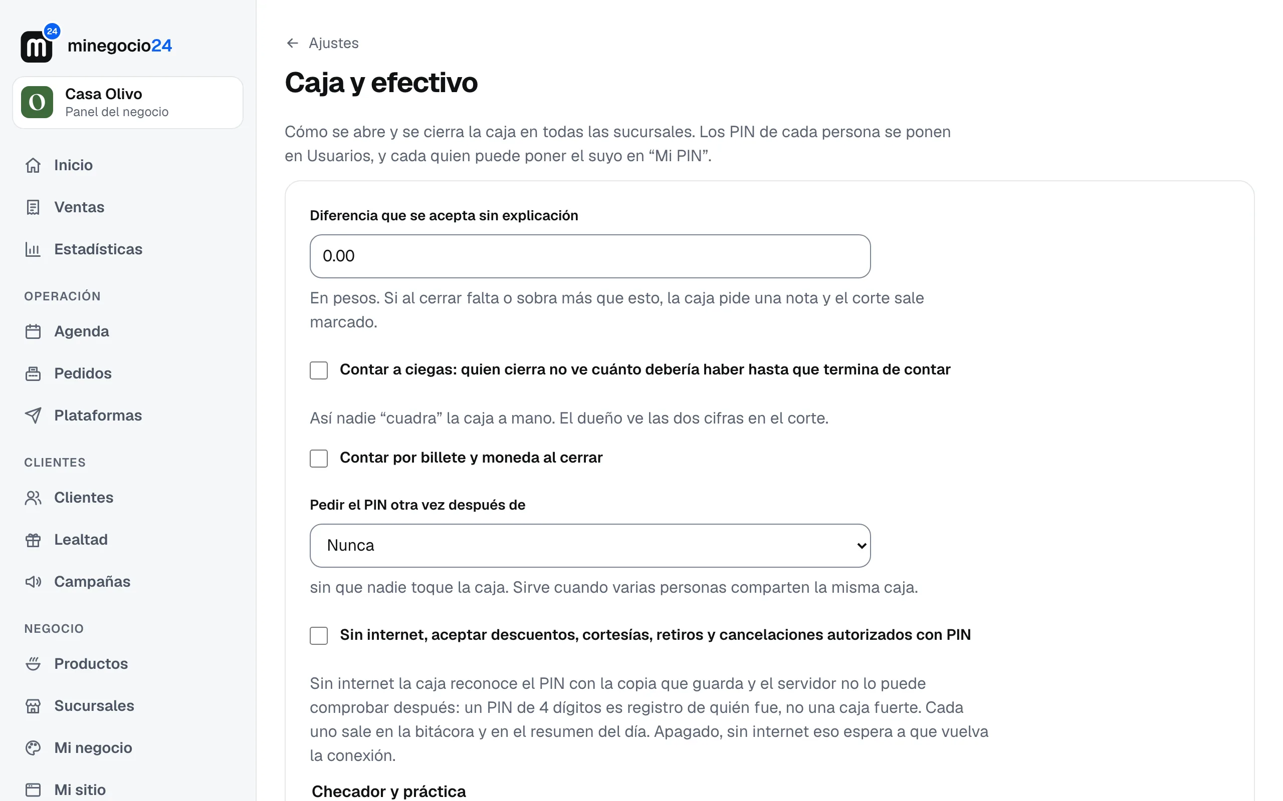 La pantalla Caja y efectivo con la diferencia que se acepta sin explicación, el arqueo ciego, el conteo por billete y moneda y el bloqueo con PIN