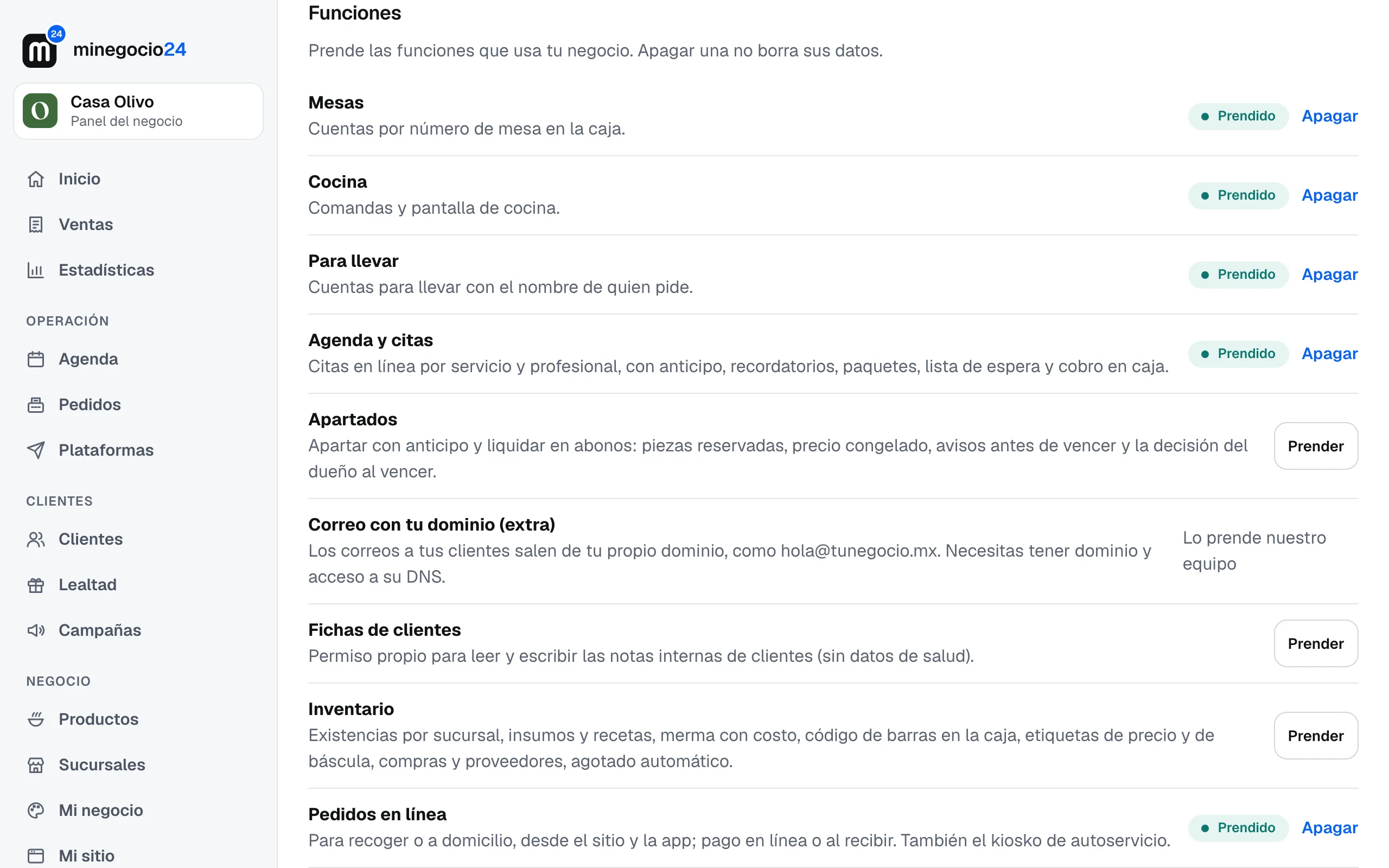 La lista de módulos de Casa Olivo: Mesas, Cocina, Para llevar, Agenda y citas y Pedidos en línea prendidos; Apartados, Fichas de clientes e Inventario con el botón Prender