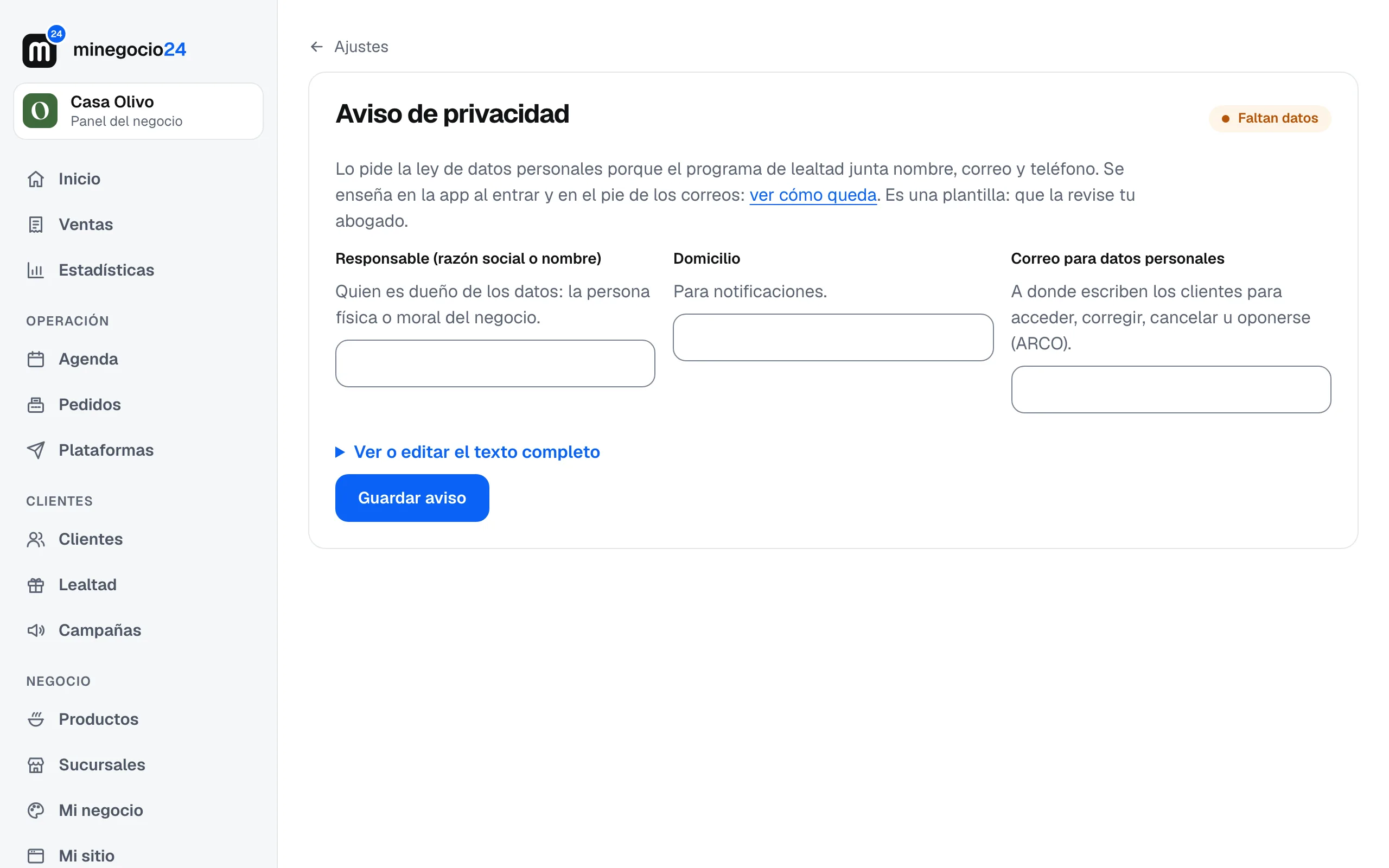 La pantalla Aviso de privacidad con los campos Responsable, Domicilio y Correo para datos personales