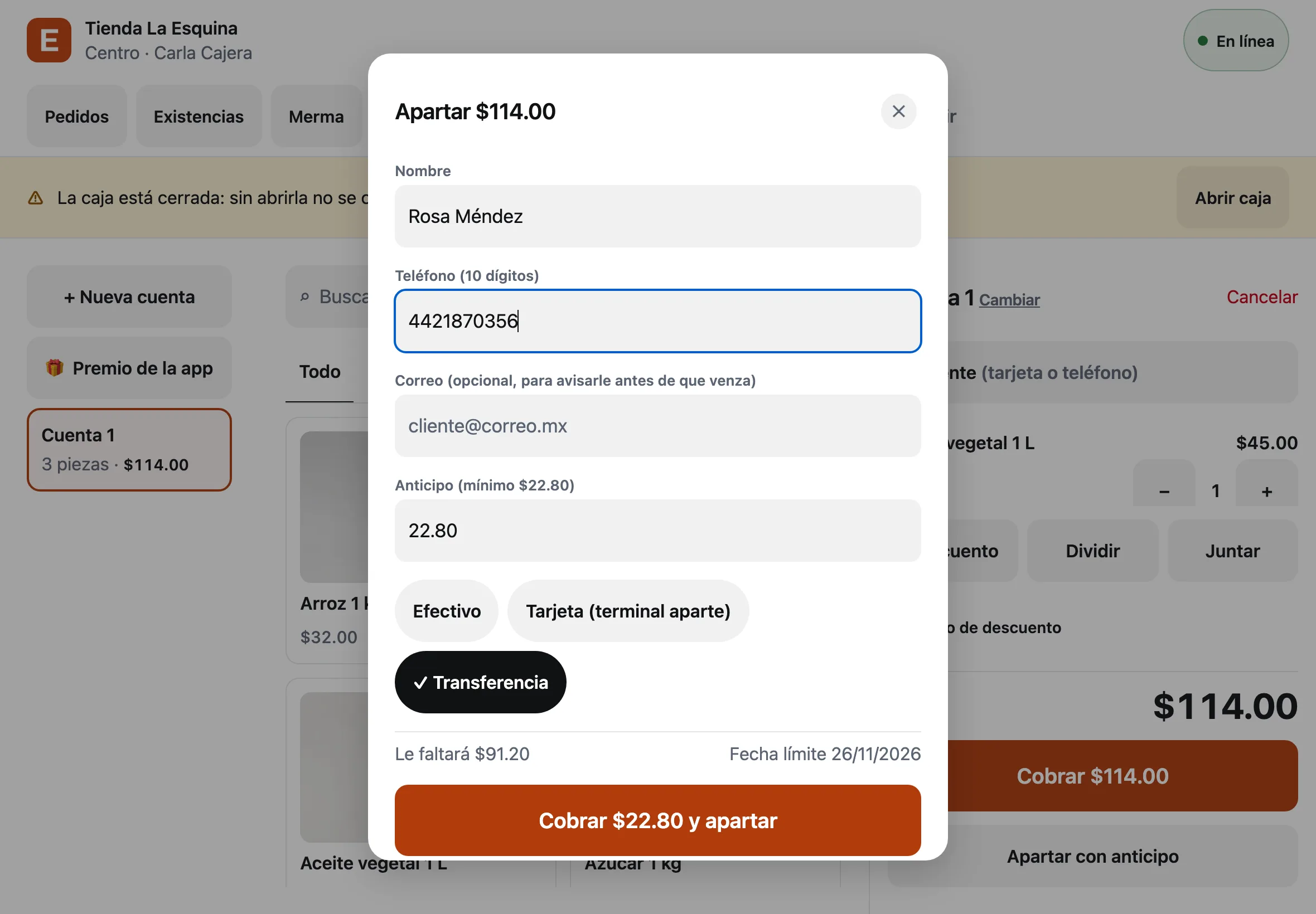 La ventana Apartar $114.00 con el nombre Rosa Méndez, su teléfono, el anticipo mínimo de $22.80 y Transferencia elegida
