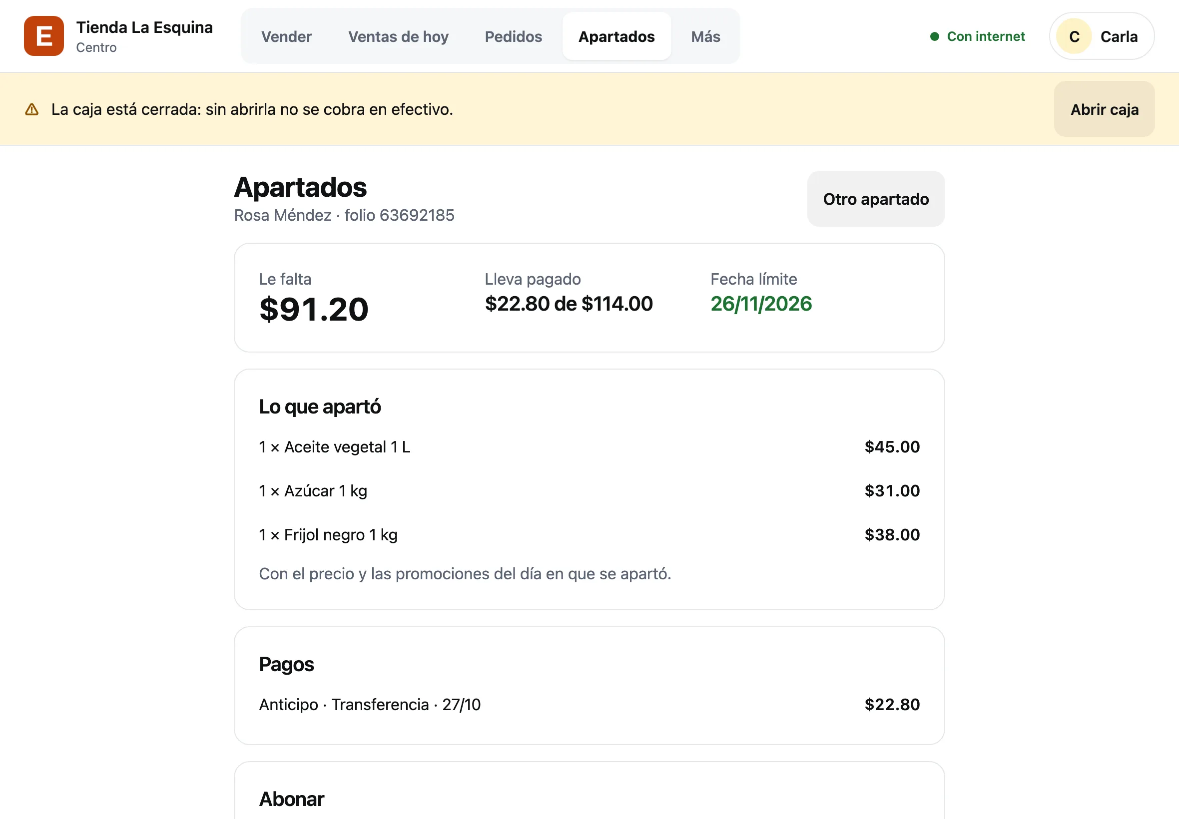 El apartado de Rosa Méndez en la caja: le faltan $91.20, lleva pagado $22.80 y abajo el formulario para abonar