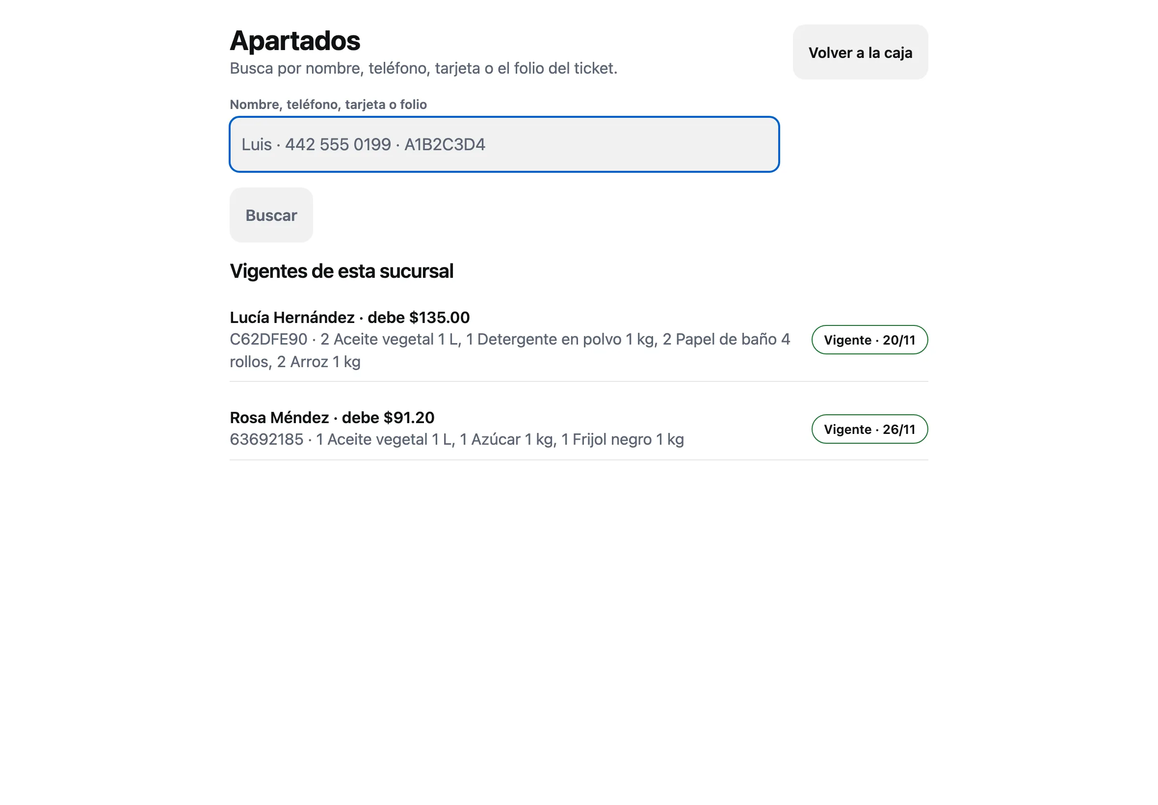 La pantalla Apartados de la caja con el buscador y dos apartados vigentes con lo que deben y su fecha límite