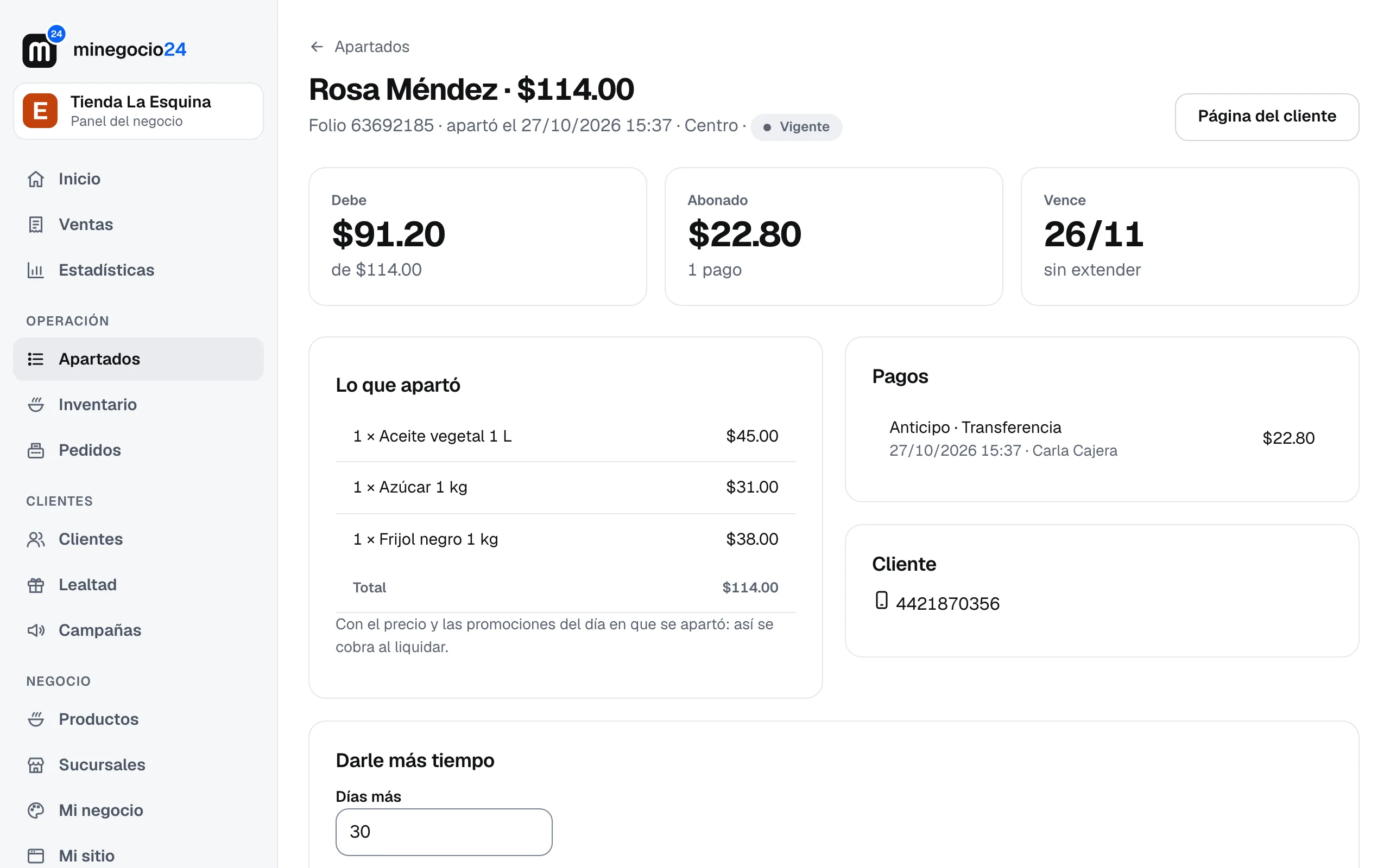 El detalle del apartado de Rosa Méndez en el panel: debe, abonado, vence, lo que apartó, pagos y cliente