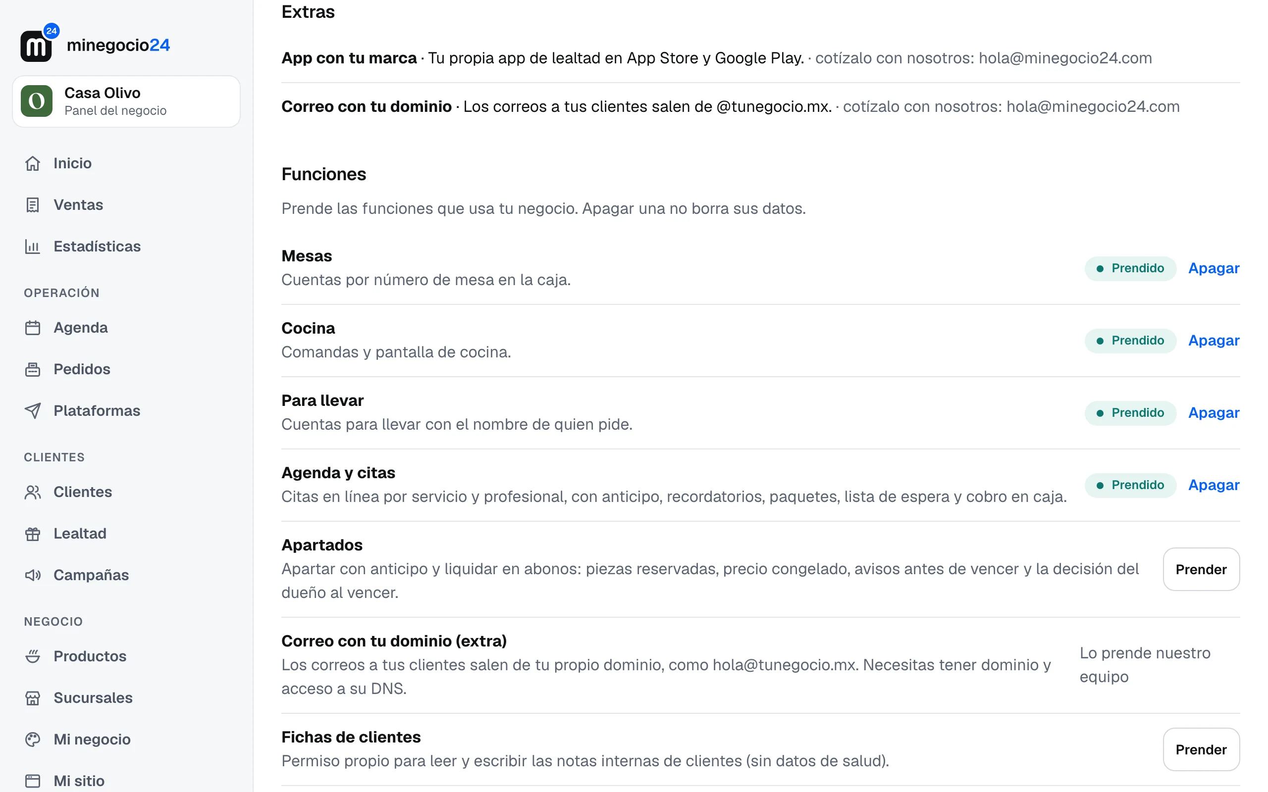 Los Extras en Tu plan: App con tu marca y Correo con tu dominio, cotízalo con nosotros