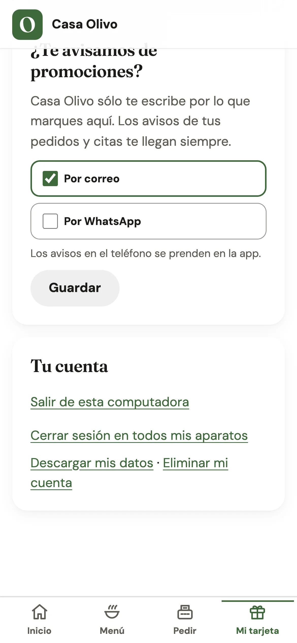 La parte de ¿Te avisamos de promociones? con las casillas Por correo y Por WhatsApp, y la sección Tu cuenta