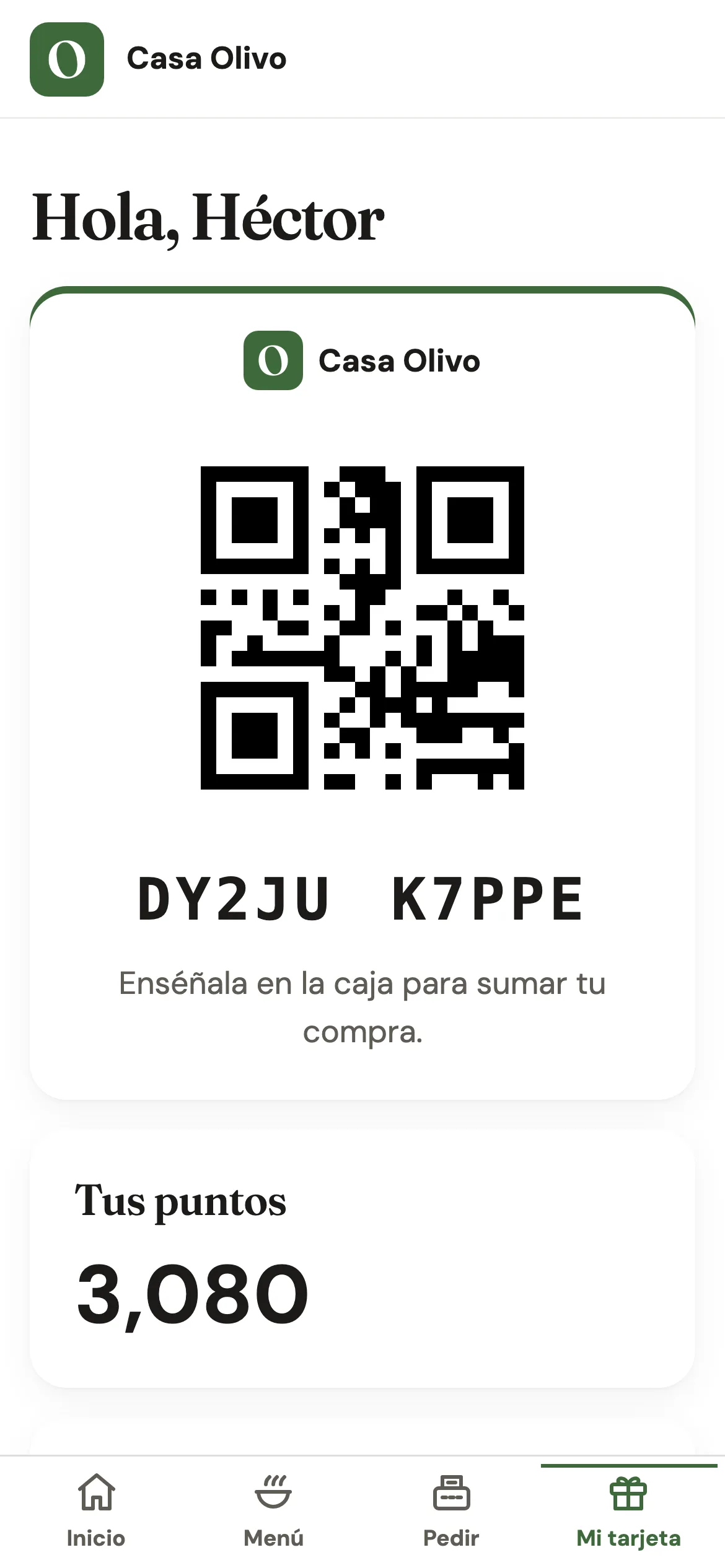 La tarjeta de Héctor en el sitio de Casa Olivo: su QR, su código y sus 3,080 puntos