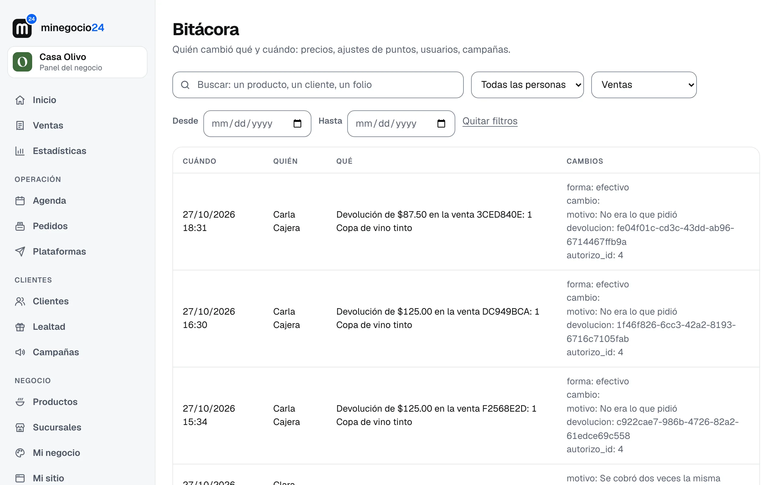 La bitácora filtrada por Ventas, con la cancelación de una venta, quién la hizo y el motivo