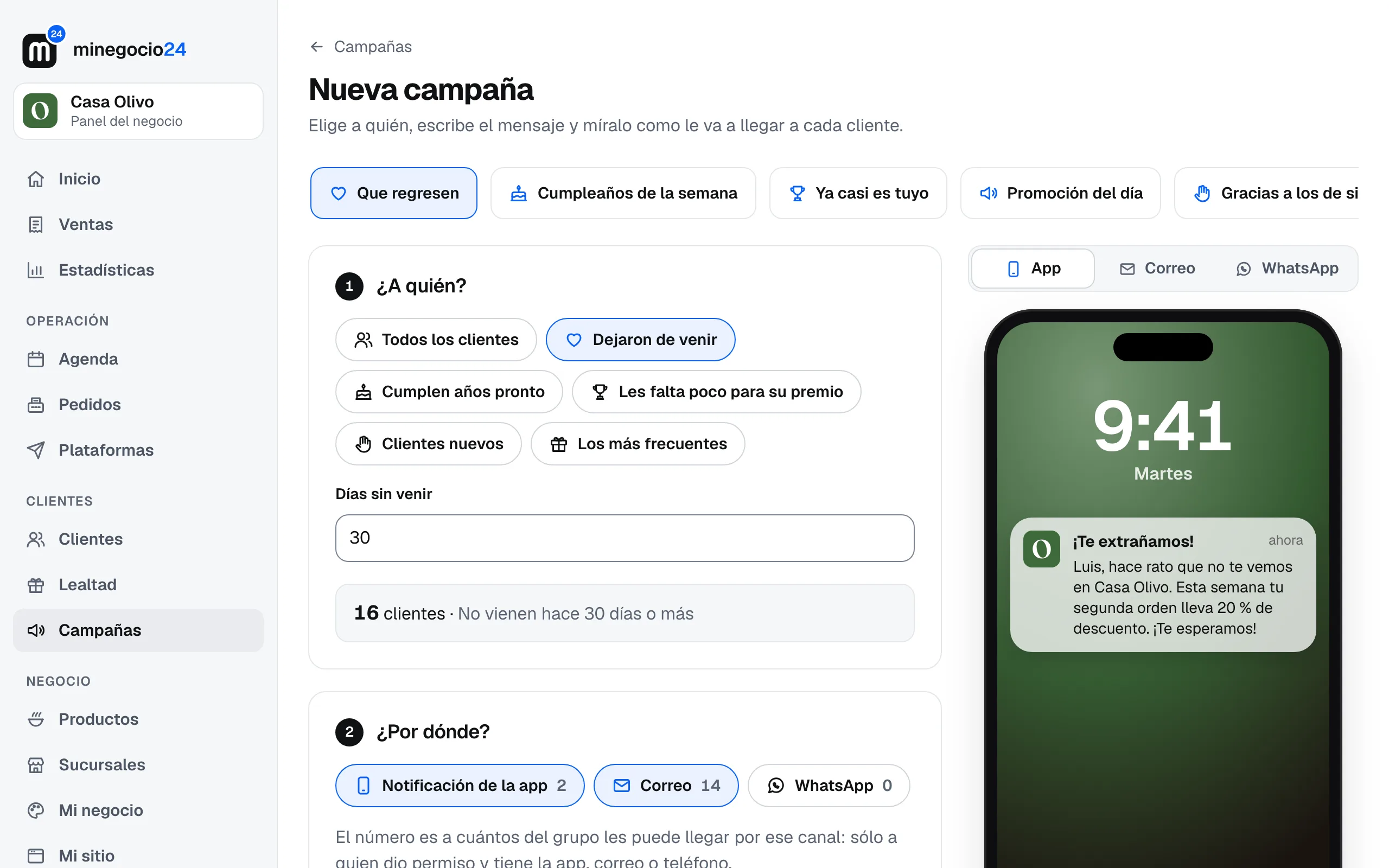 Nueva campaña con la plantilla Que regresen: el grupo Dejaron de venir con 16 clientes, los canales y a la derecha la notificación como le llega a un cliente