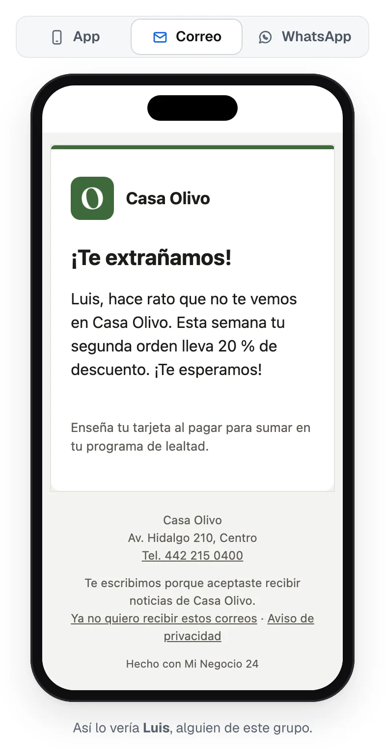 La vista previa del correo de la campaña: el logo de Casa Olivo, el título, el mensaje y al pie la dirección del negocio y el enlace Ya no quiero recibir estos correos