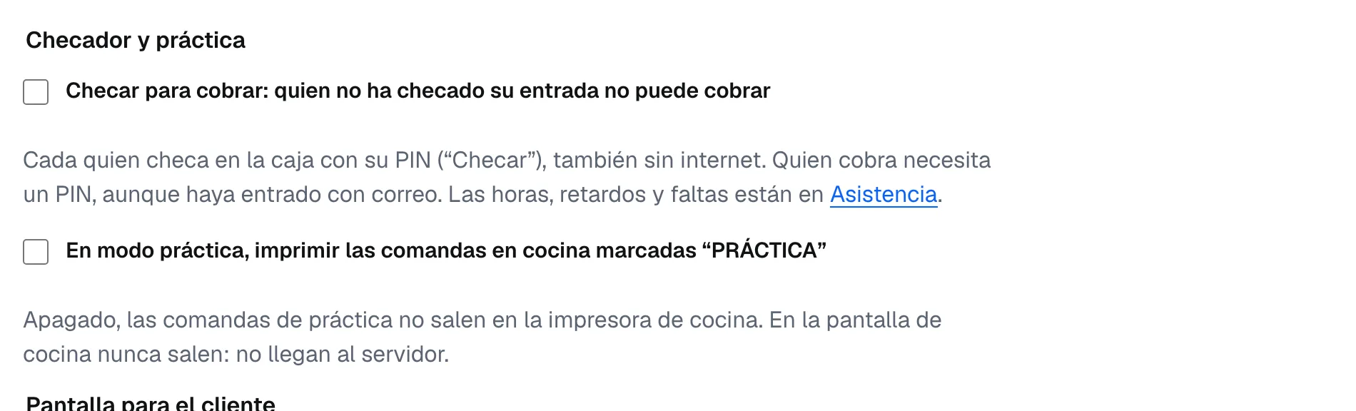 Los ajustes Checador y práctica con la casilla Checar para cobrar
