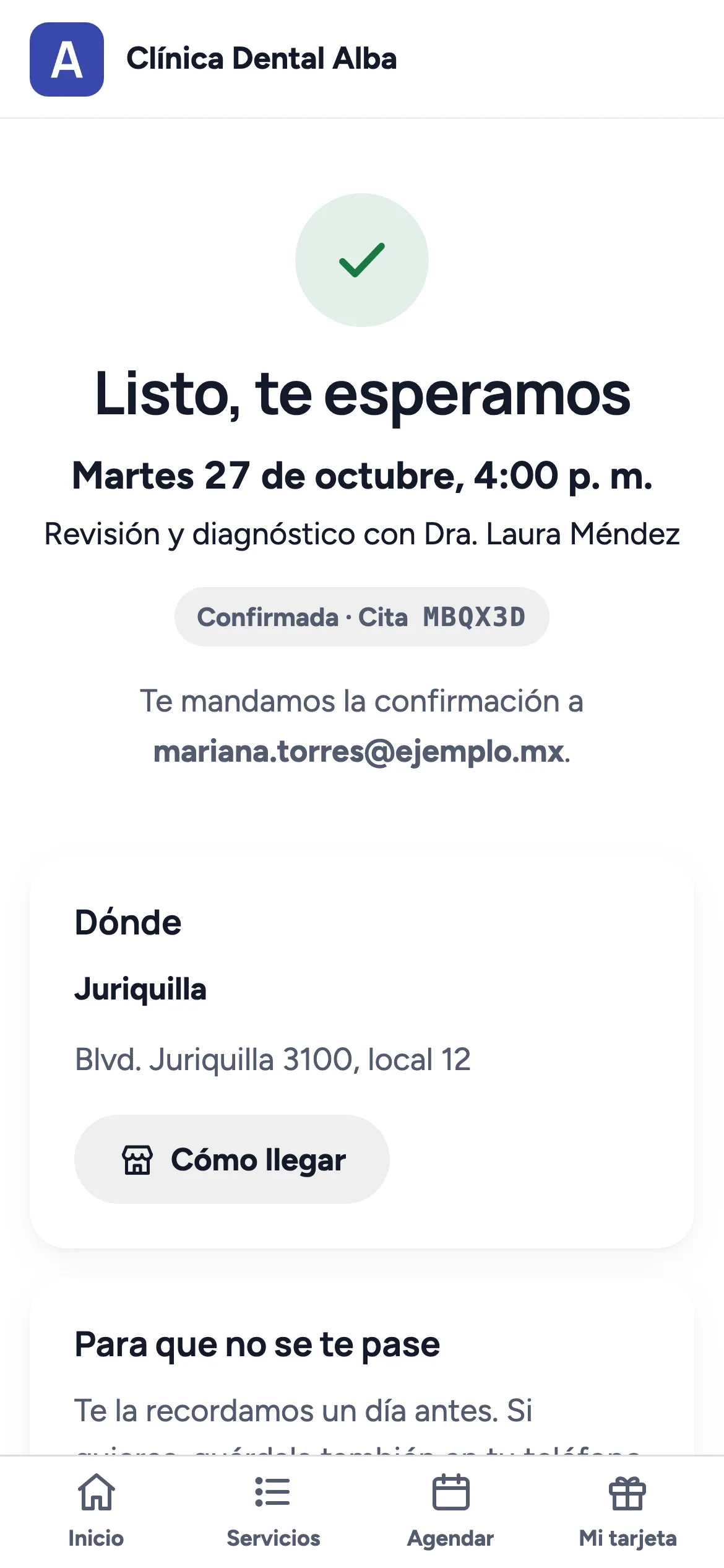 La cita de Mariana Torres en el celular: Listo, te esperamos, martes 27 de octubre a las 4:00 p.m., Revisión y diagnóstico con la Dra. Laura Méndez, confirmada, con dónde y cómo llegar