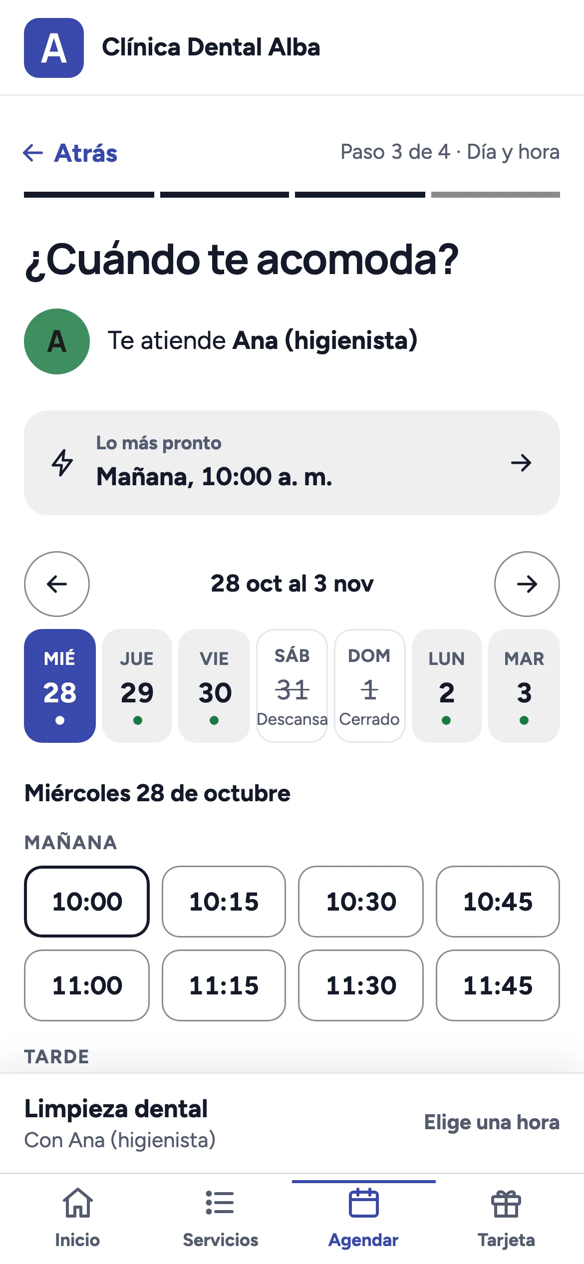 El paso de día y hora en el celular, con Te atiende Ana (higienista), los días de la semana y las horas en botones