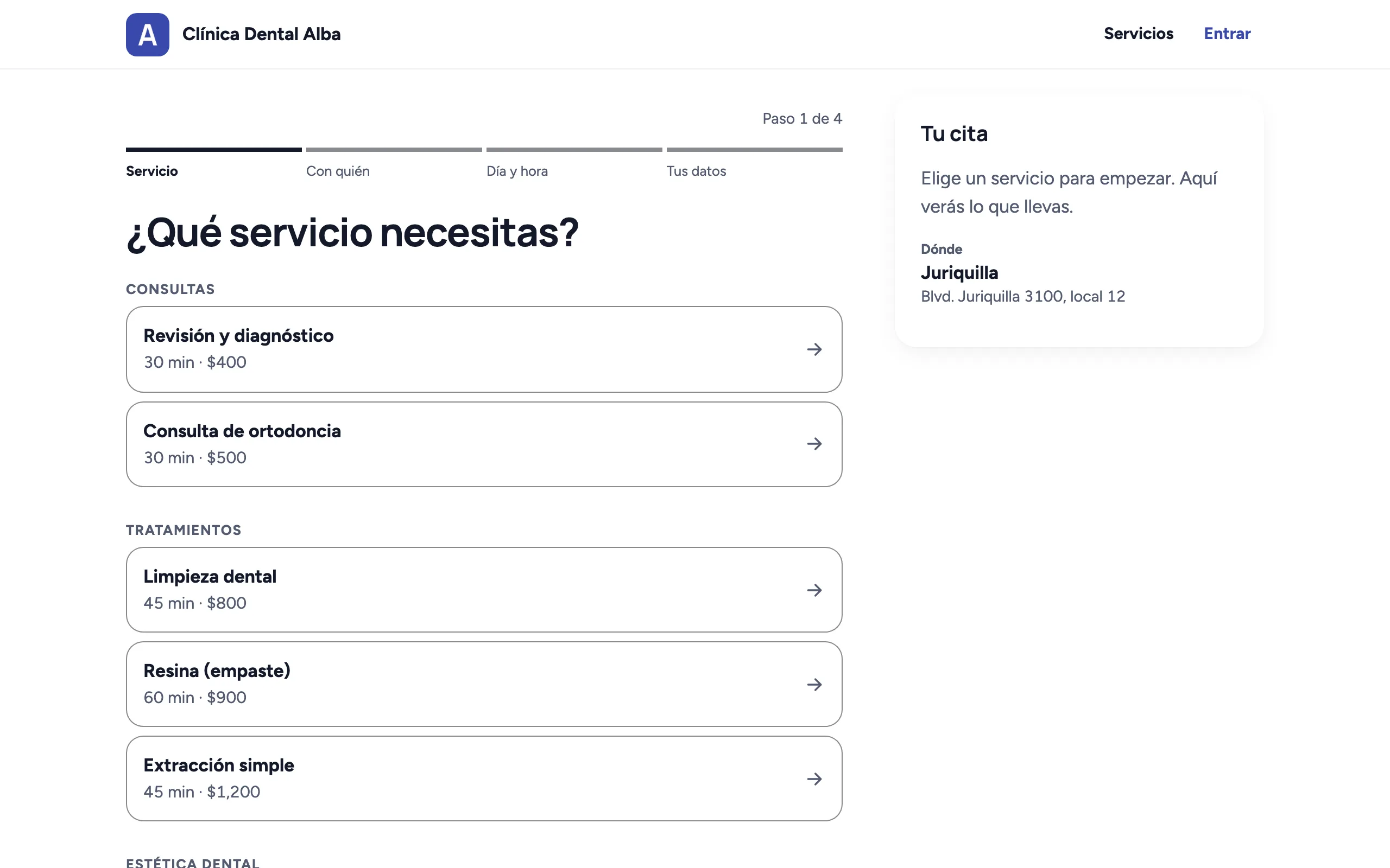 El primer paso, ¿Qué servicio necesitas?, con los servicios de Clínica Dental Alba en grupos Consultas y Tratamientos