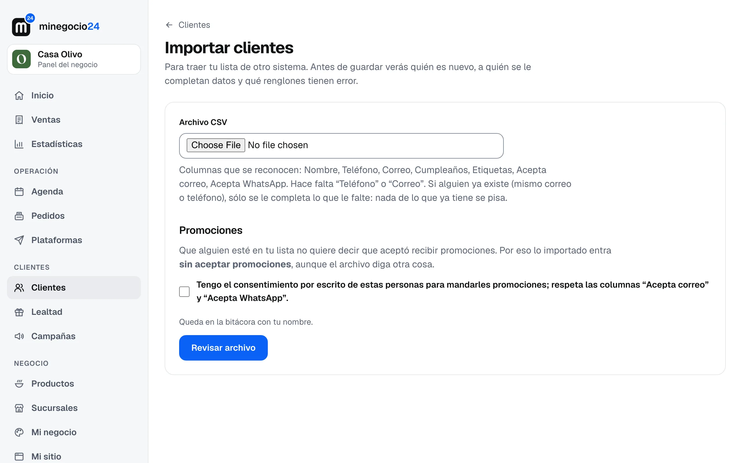 La pantalla para importar clientes desde un archivo CSV