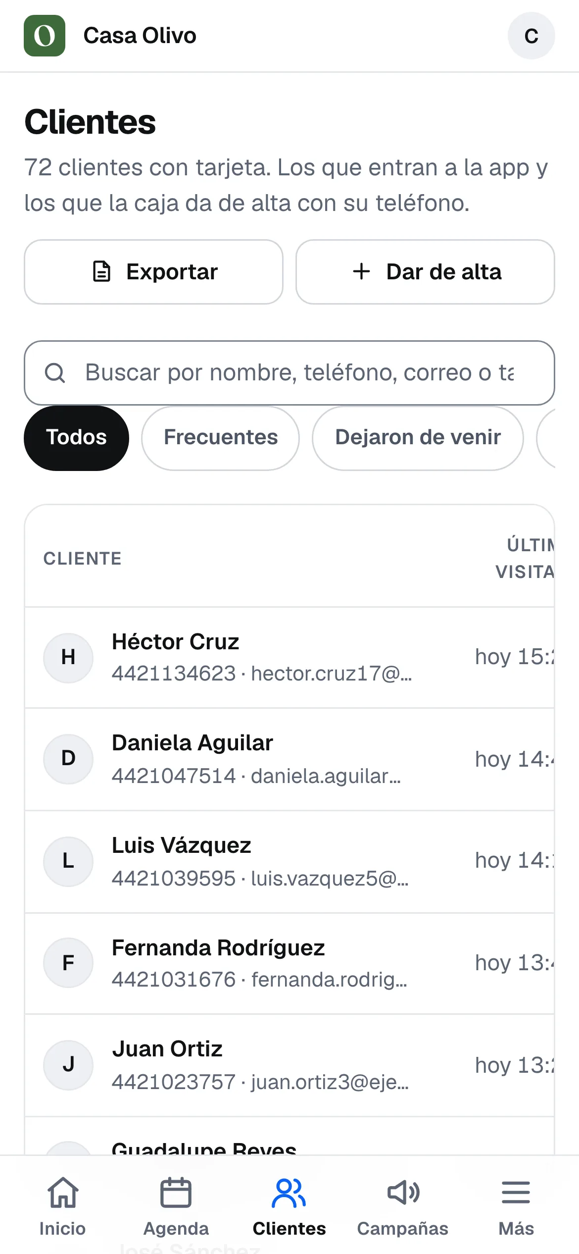 La lista de clientes en el celular