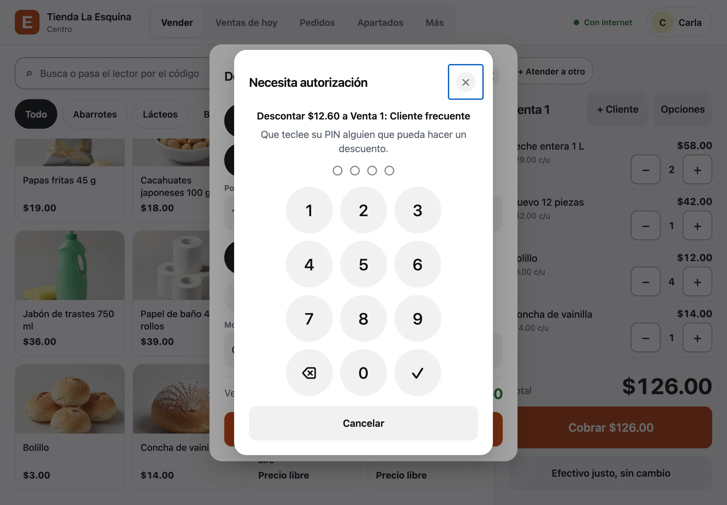 La ventana Necesita autorización: Descontar $46.50 a Mesa 6 por Cliente frecuente, esperando el PIN de alguien que pueda hacer un descuento