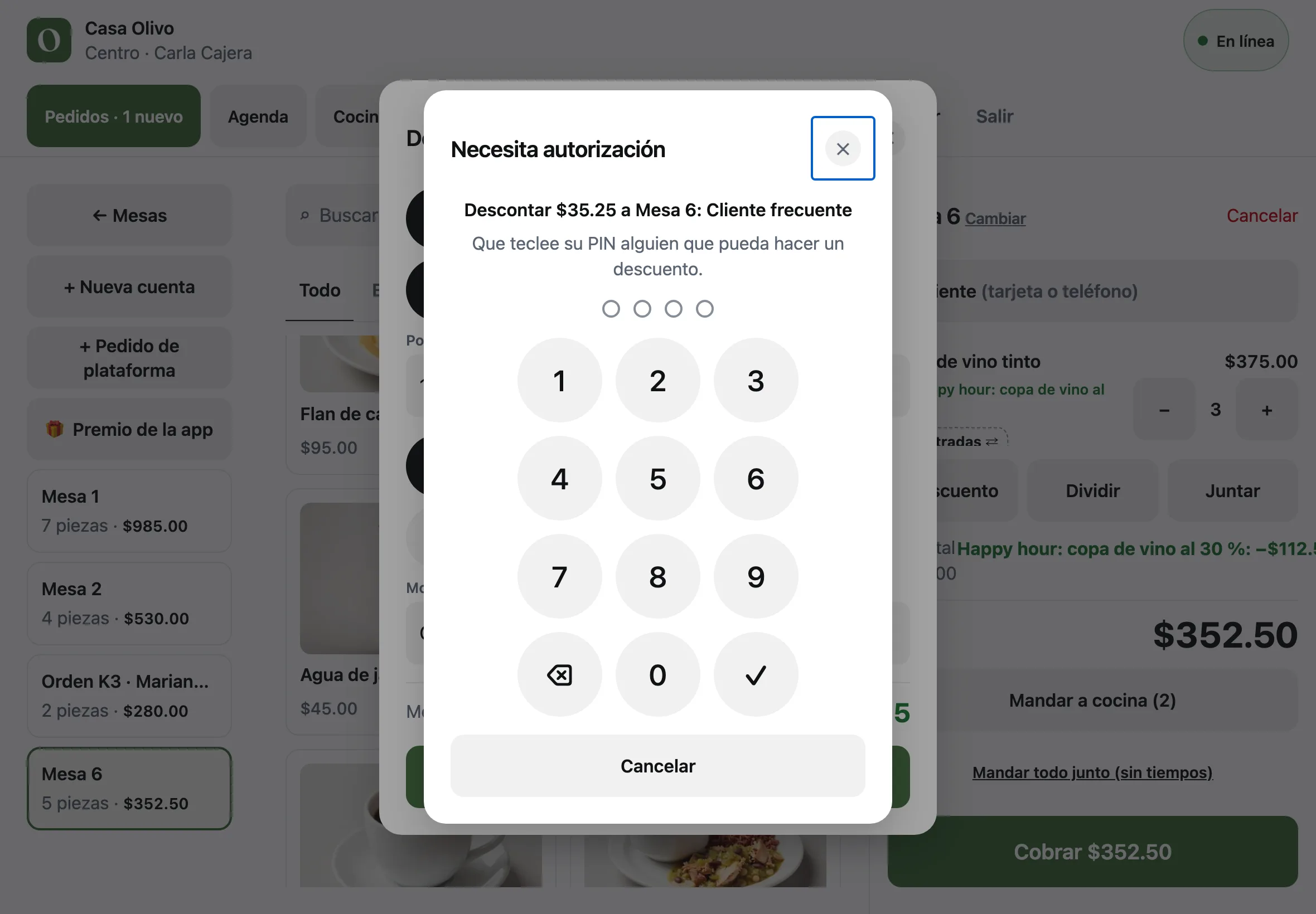 La ventana Necesita autorización: Descontar $46.50 a Mesa 6 por Cliente frecuente, esperando el PIN de alguien que pueda hacer un descuento