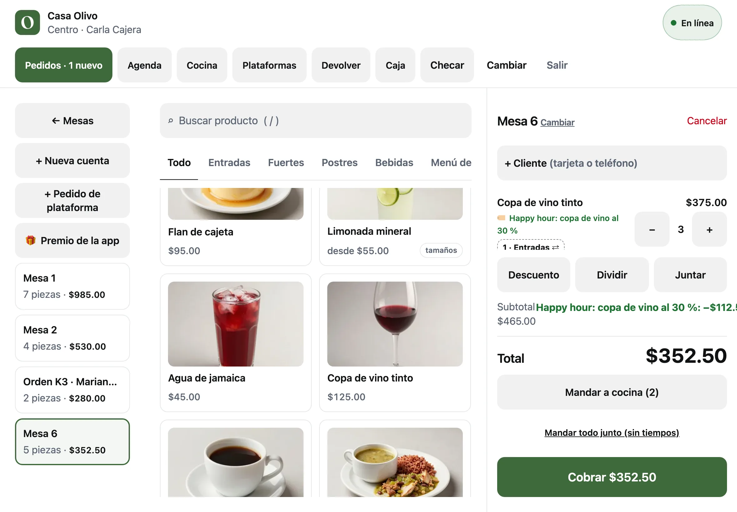 La caja de Casa Olivo con la Mesa 6 abierta: tres copas de vino tinto y dos aguas de jamaica, total $465.00 y el botón Cobrar
