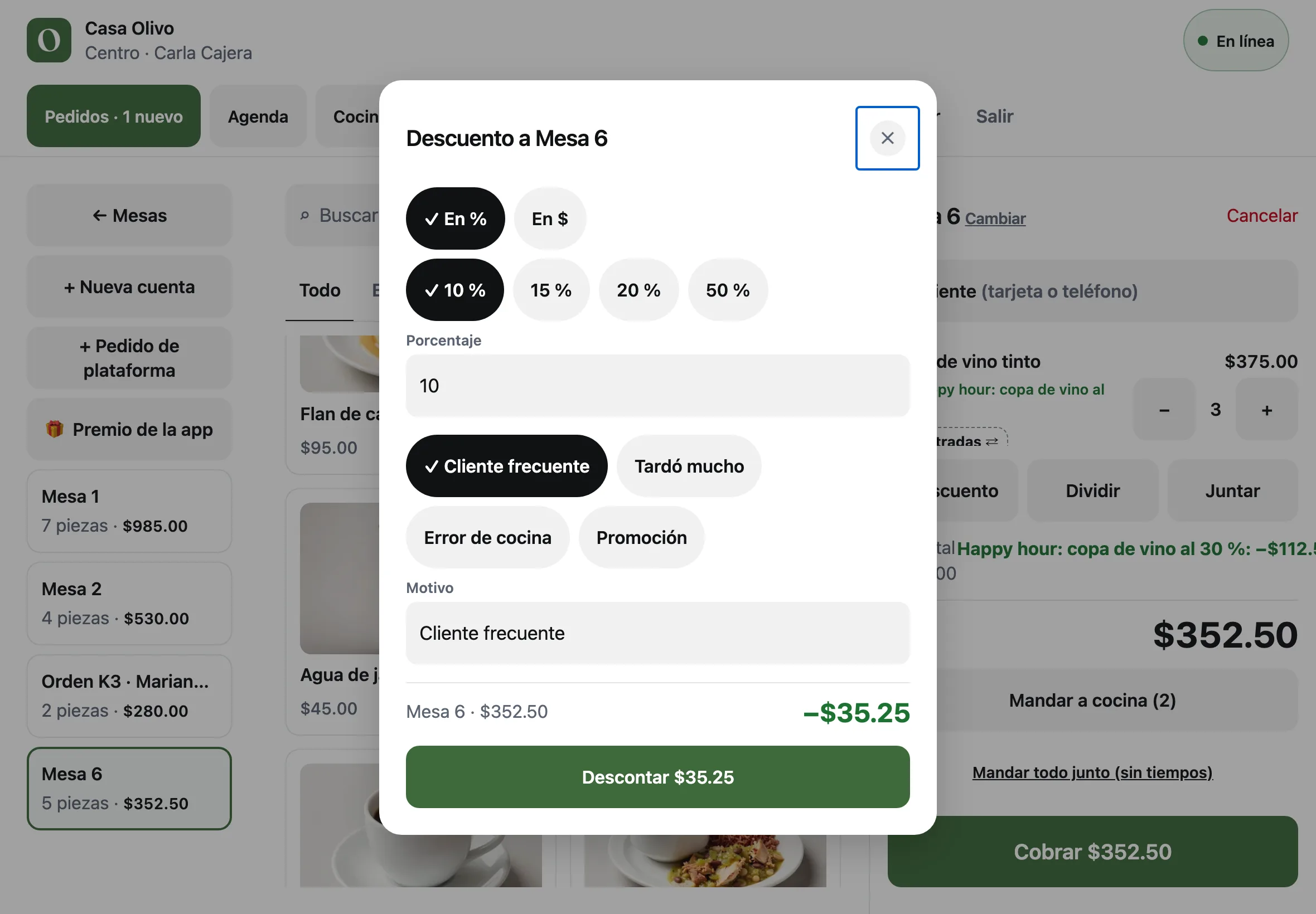 La ventana Descuento a Mesa 6 con 10 % elegido, el motivo Cliente frecuente y el botón Descontar $46.50