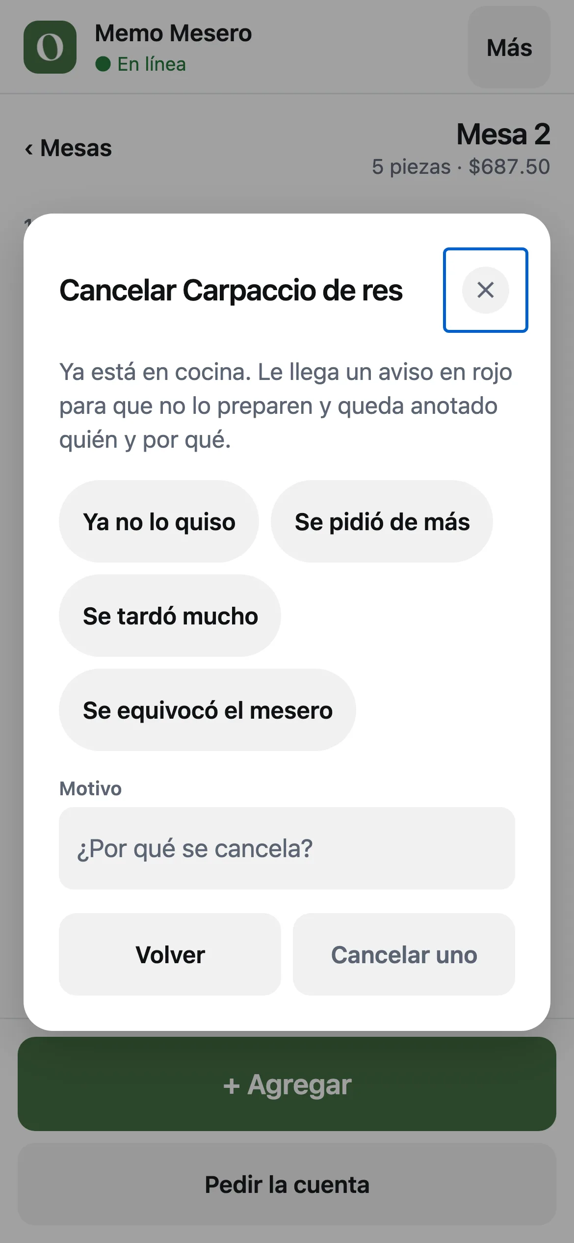 La ventana Cancelar Carpaccio de res con los motivos y el campo Motivo