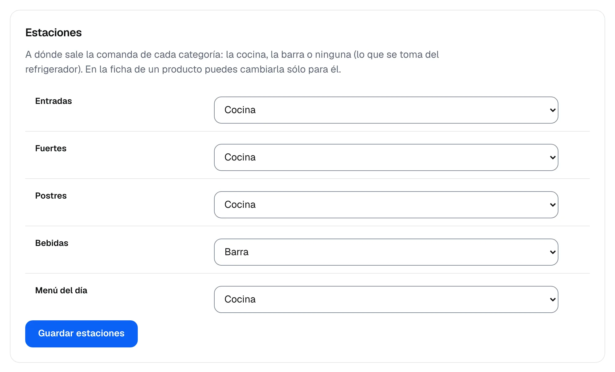 La tarjeta Estaciones de Casa Olivo: Entradas, Fuertes, Postres y Menú del día a la Cocina, y Bebidas a la Barra