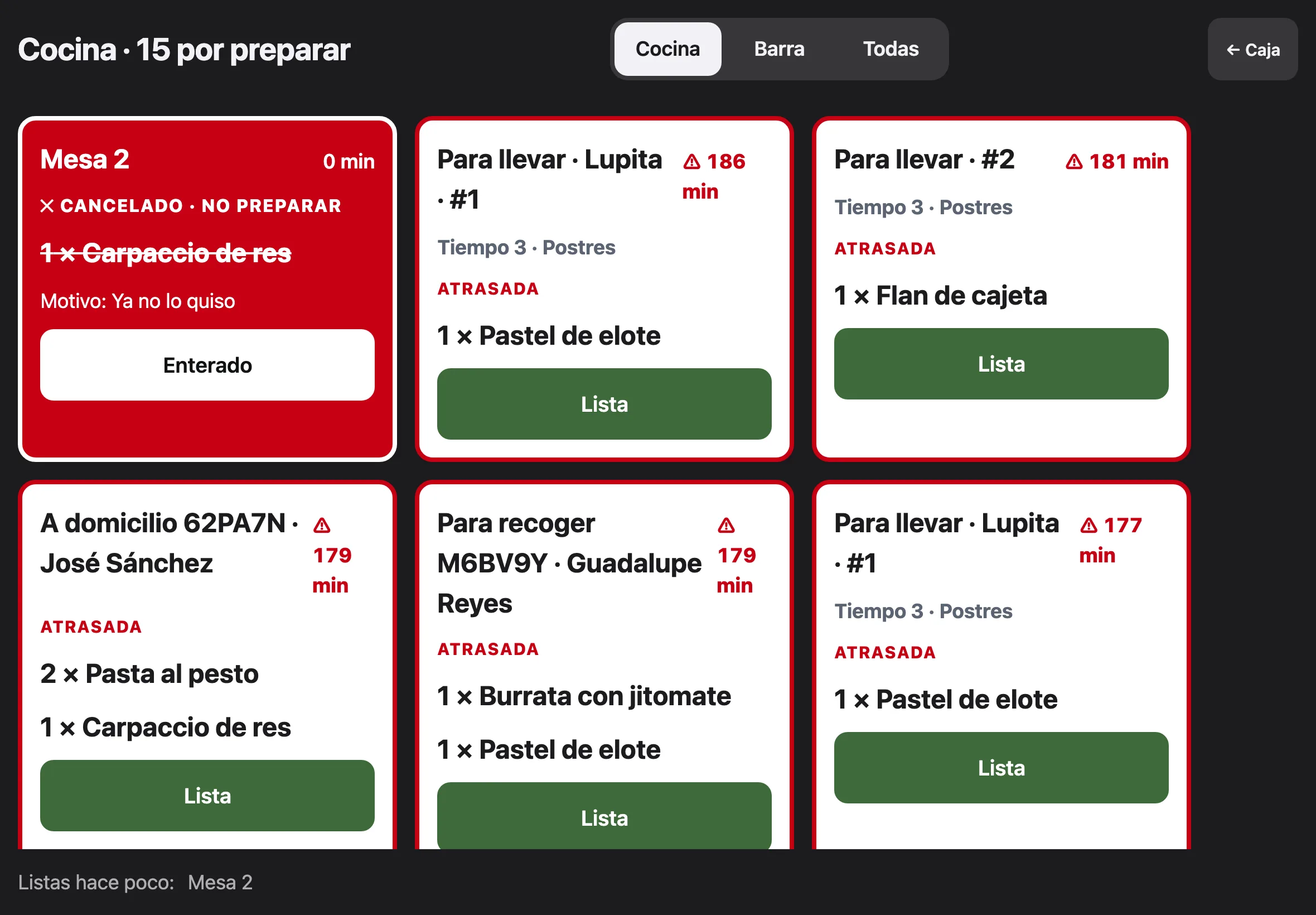 La pantalla de cocina de Casa Olivo con 11 platillos por preparar: una cancelación en rojo, pedidos para llevar, a domicilio y de Rappi, cada uno con su botón Lista