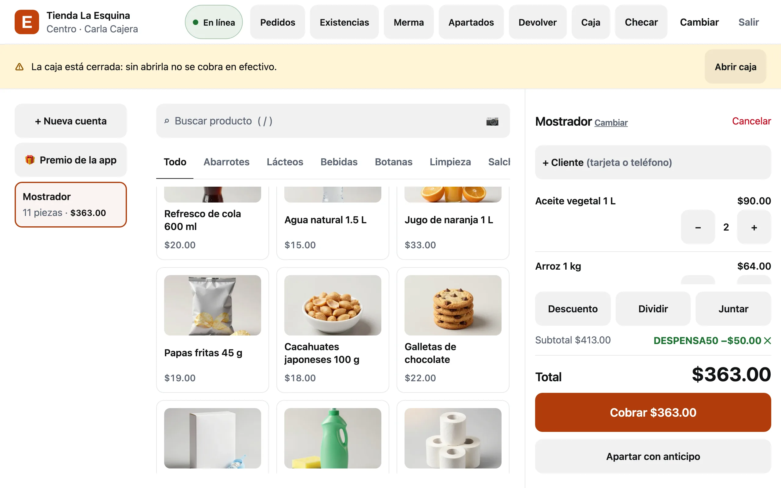 La cuenta con el código DESPENSA50 aplicado: subtotal de $413 y $50 de descuento