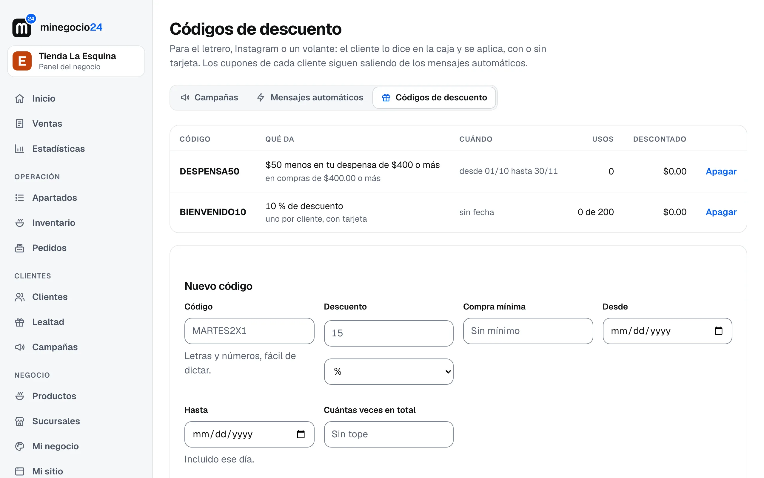 La lista de códigos de Tienda La Esquina: DESPENSA50 con compra mínima de $400 y BIENVENIDO10 con tope de 200 usos