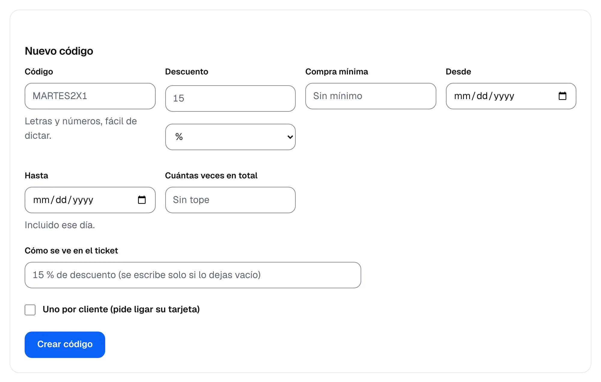 El formulario para crear un código de descuento