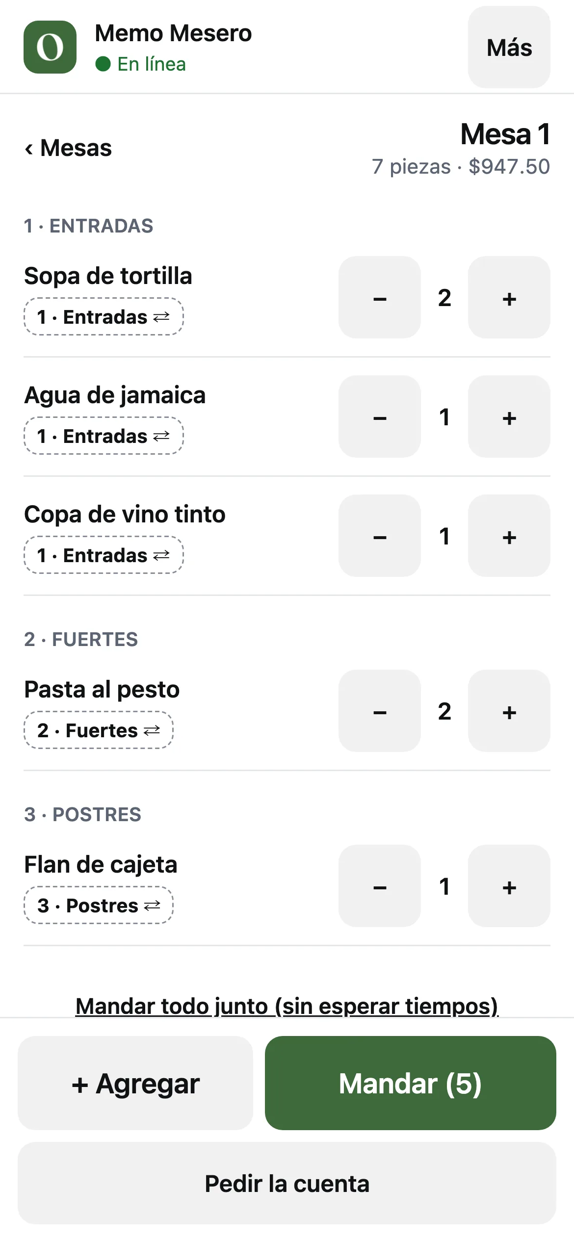 La cuenta de Mesa 1 agrupada en 1 Entradas, 2 Fuertes y 3 Postres, con el botón Mandar (5)