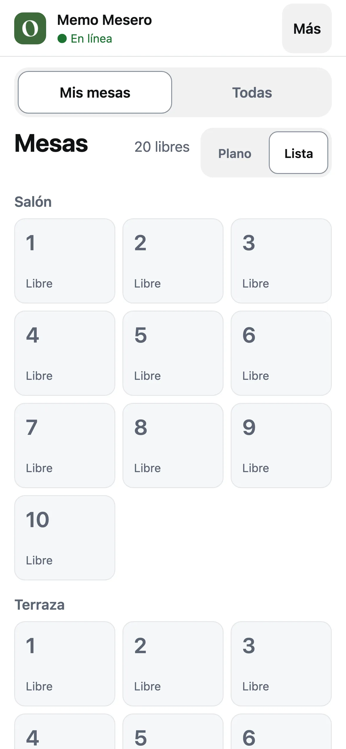 El comandero en el celular de Memo Mesero: arriba Mis mesas y Todas, abajo las mesas del salón, todas libres