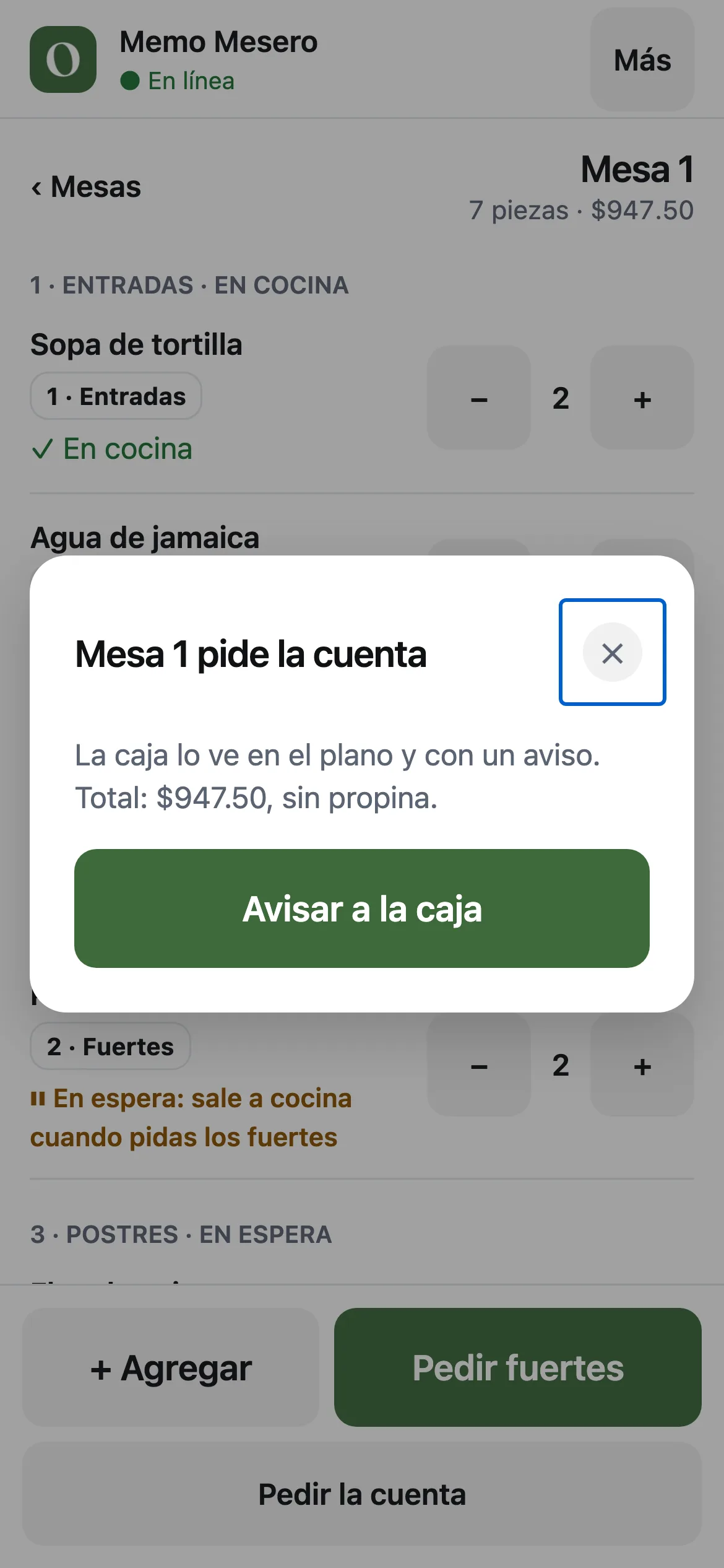La ventana Mesa 1 pide la cuenta, con el total sin propina y el botón Avisar a la caja