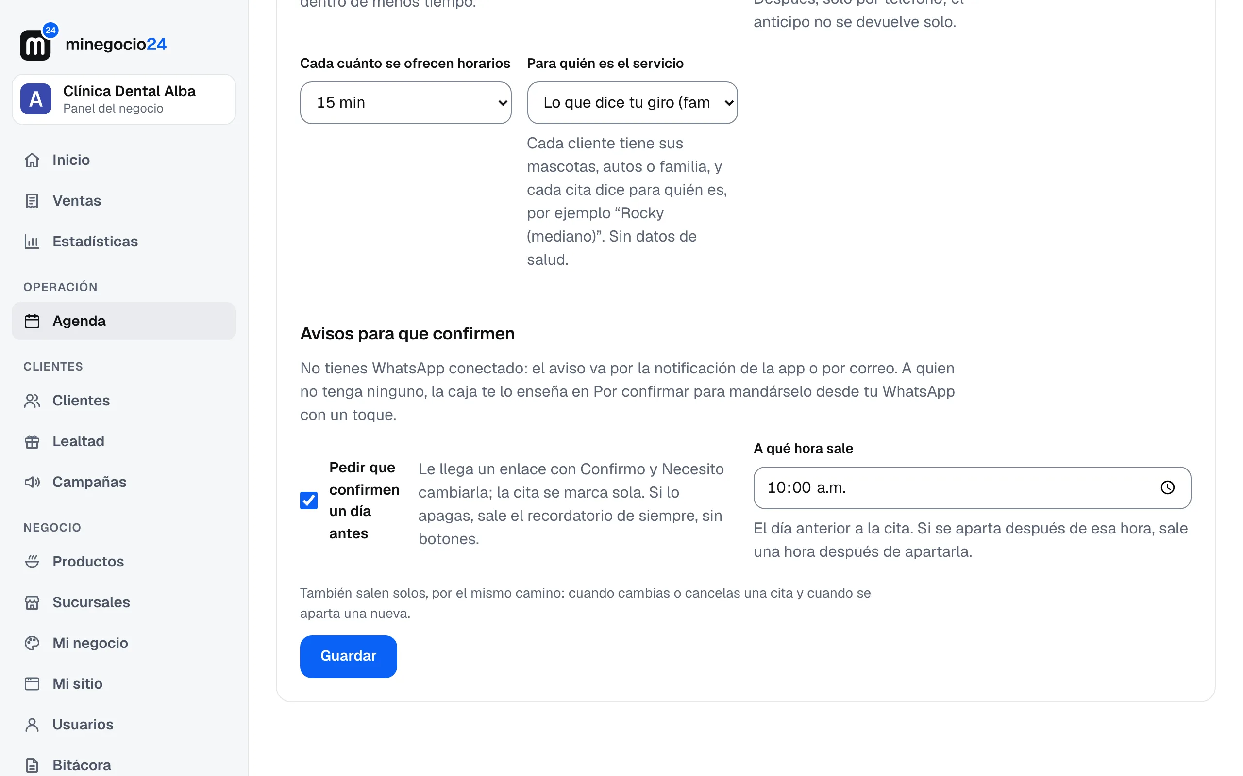 Ajustes de la agenda, sección Avisos para que confirmen, con la línea de qué canales tienes y la hora del aviso