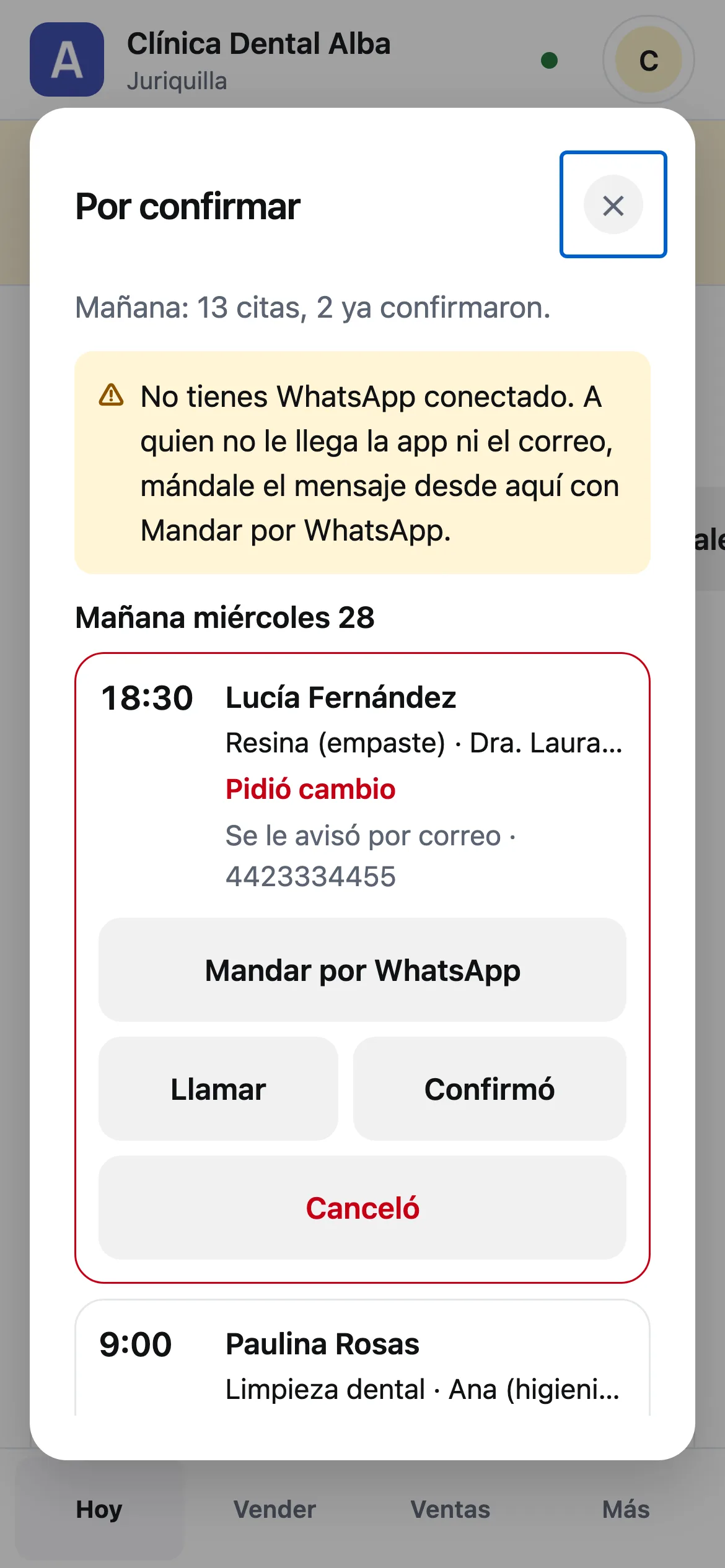 Por confirmar en el celular, con la cita de Lucía Fernández que pidió cambio arriba y sus botones