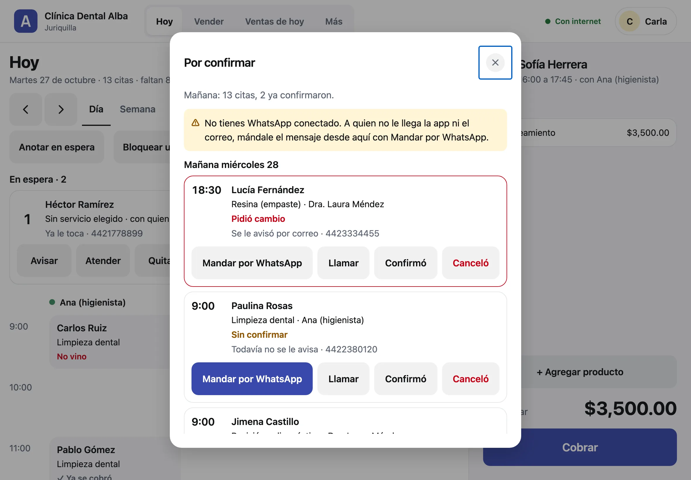 Por confirmar en la caja de Clínica Dental Alba: el resumen de mañana, el aviso de que no hay WhatsApp conectado y cada cliente con su estado, por dónde se le avisó y los botones Mandar por WhatsApp, Llamar, Confirmó y Canceló