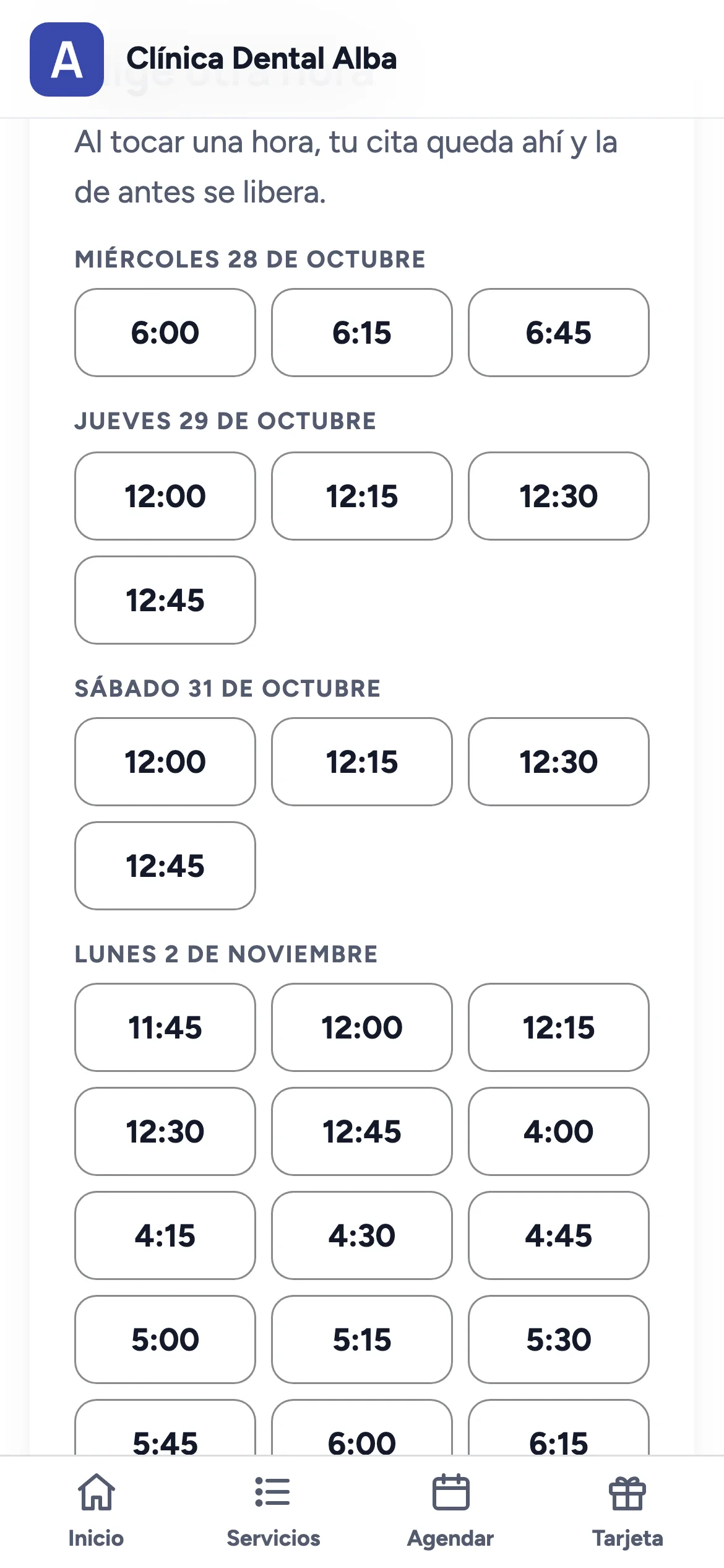 Elige otra hora en el celular: los días que siguen con sus horas libres en botones, y abajo Ninguna me acomoda: que me escriban