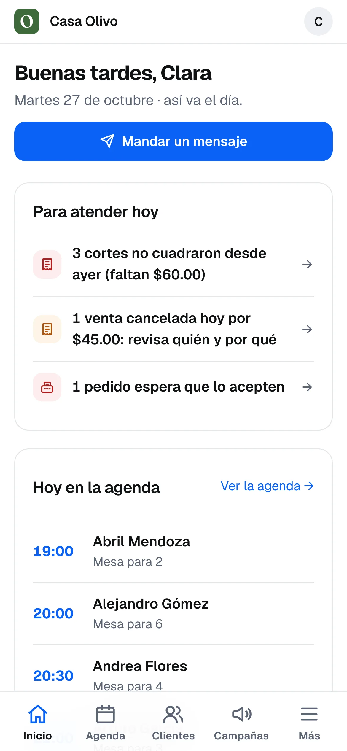 El inicio del panel en el celular, con las pestañas Inicio, Agenda, Clientes, Campañas y Más abajo