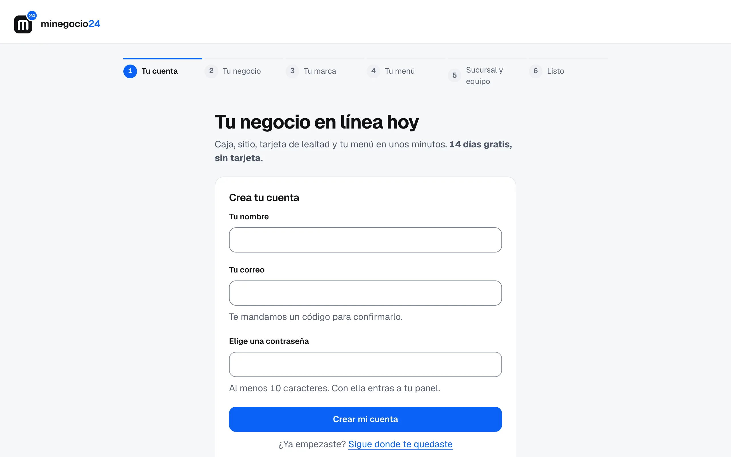 La primera pantalla del alta: Tu negocio en línea hoy, con 14 días gratis sin tarjeta y el formulario Crea tu cuenta