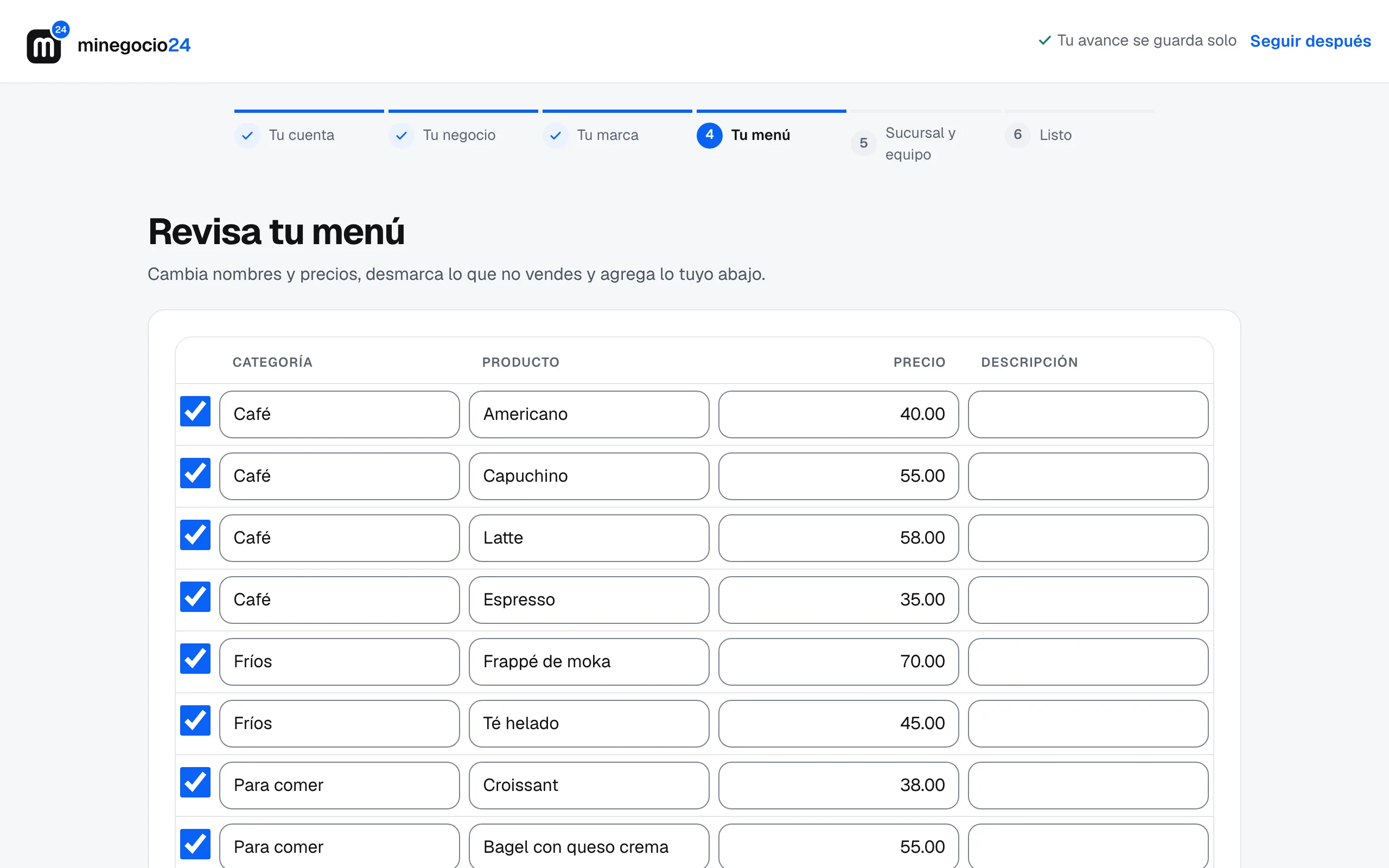 La tabla Revisa tu menú con categoría, producto y precio de cada renglón, todos marcados