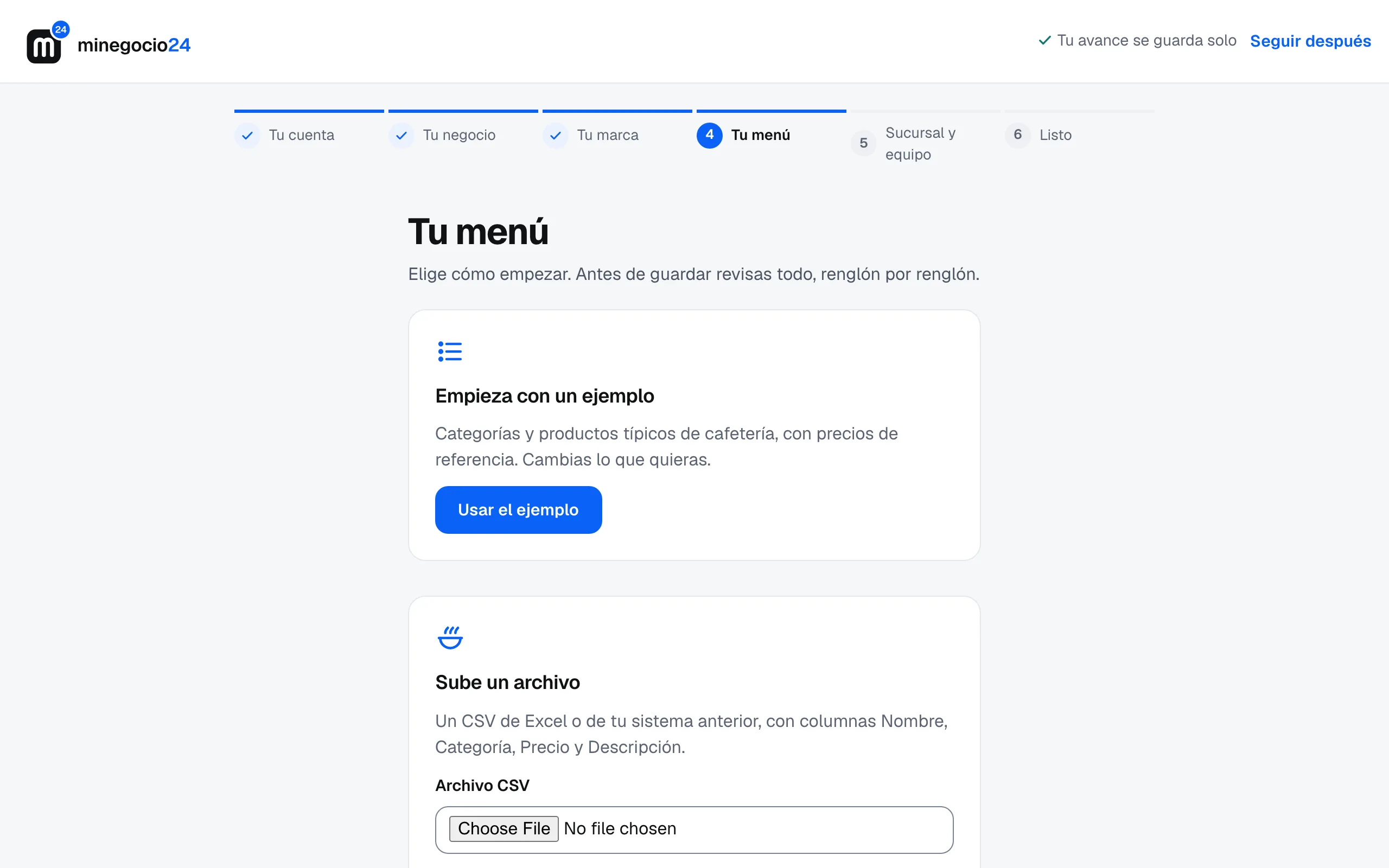 Las formas de empezar tu menú: Empieza con un ejemplo y Sube un archivo
