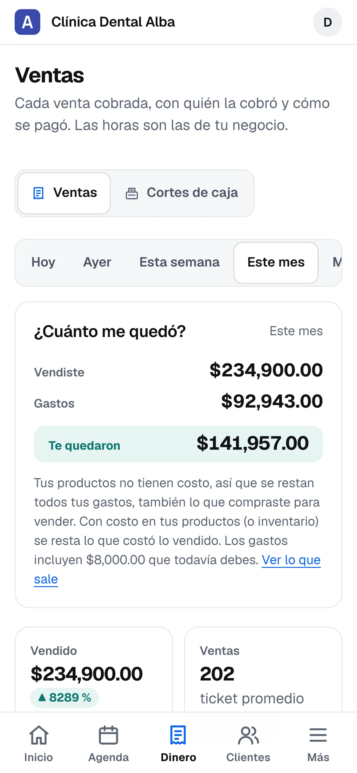 En el celular, Dinero abre Ventas con ¿Cuánto me quedó? arriba, renglón por renglón