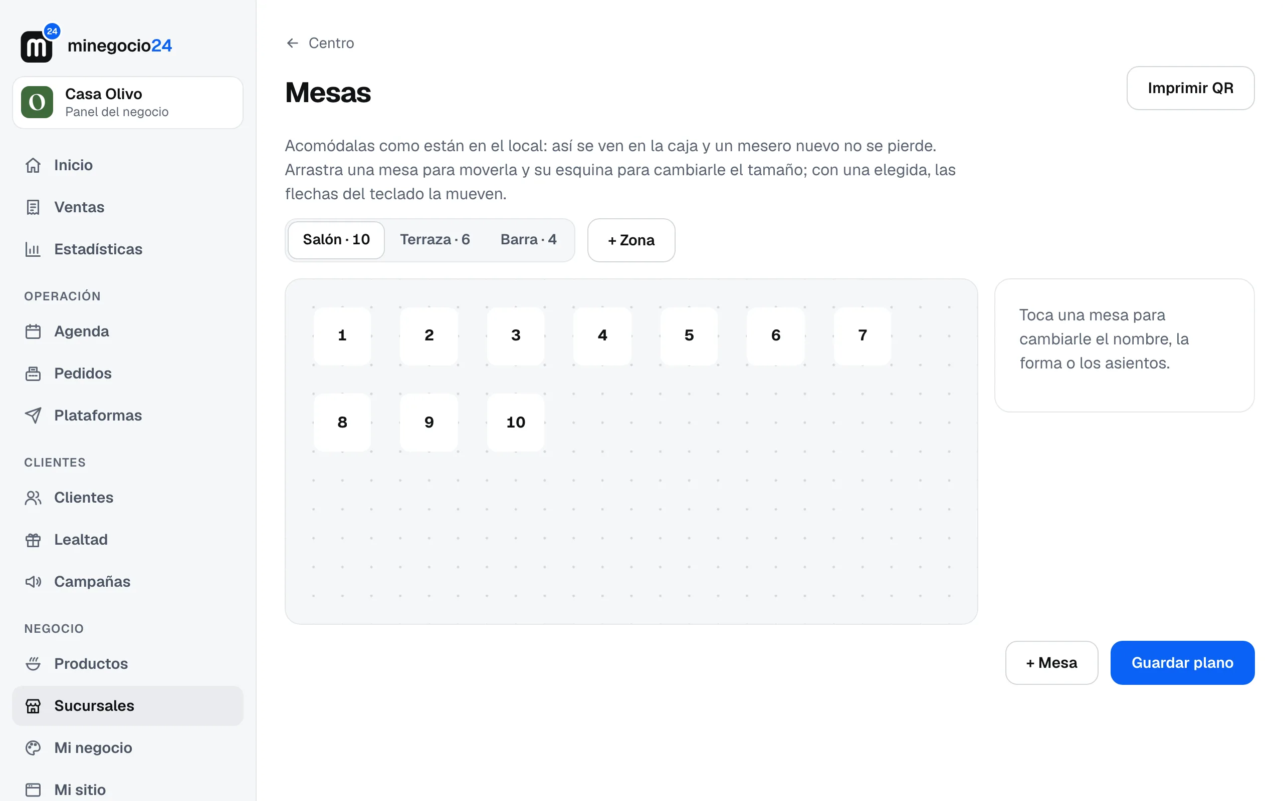 El editor de Mesas en el panel con las zonas Salón, Terraza y Barra, las mesas del salón acomodadas y los botones + Zona, + Mesa y Guardar plano
